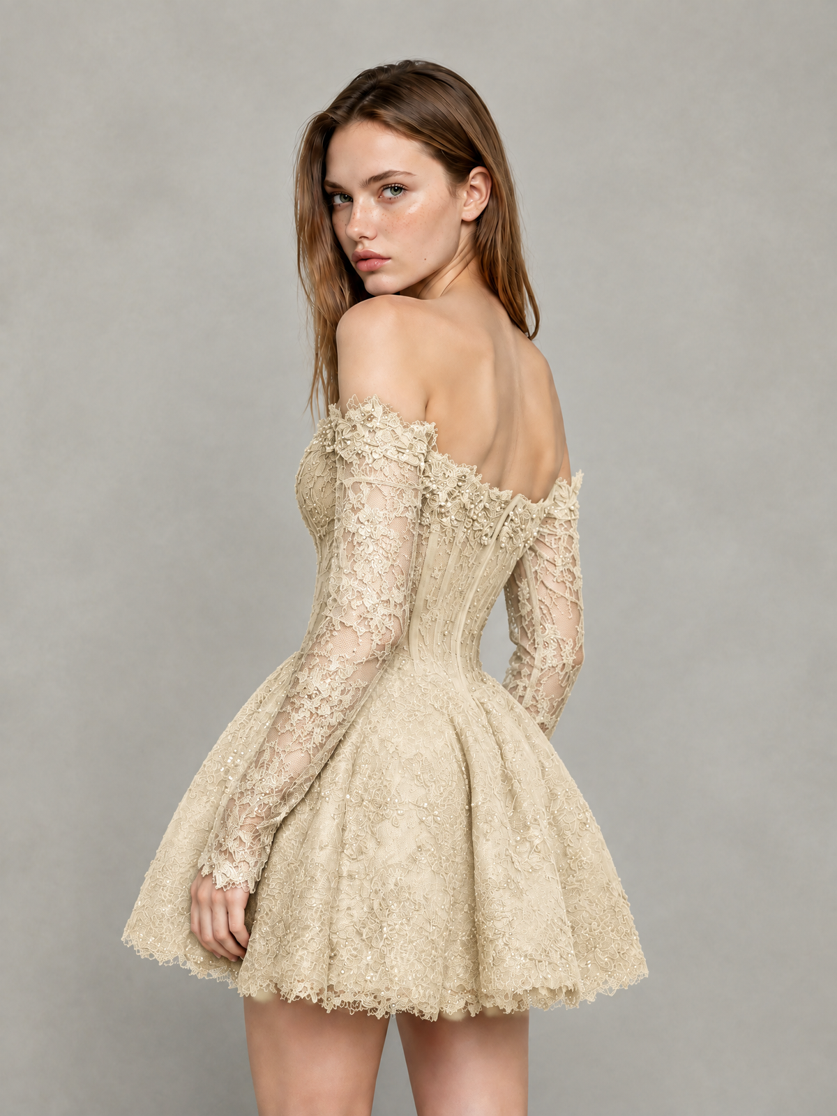 BOLODOO Champagne Off-Shoulder Long Sleeve Sheer Lace Sequin Corset A-Line Mini Dress | Open Back Cocktail Party Dress - Champagne