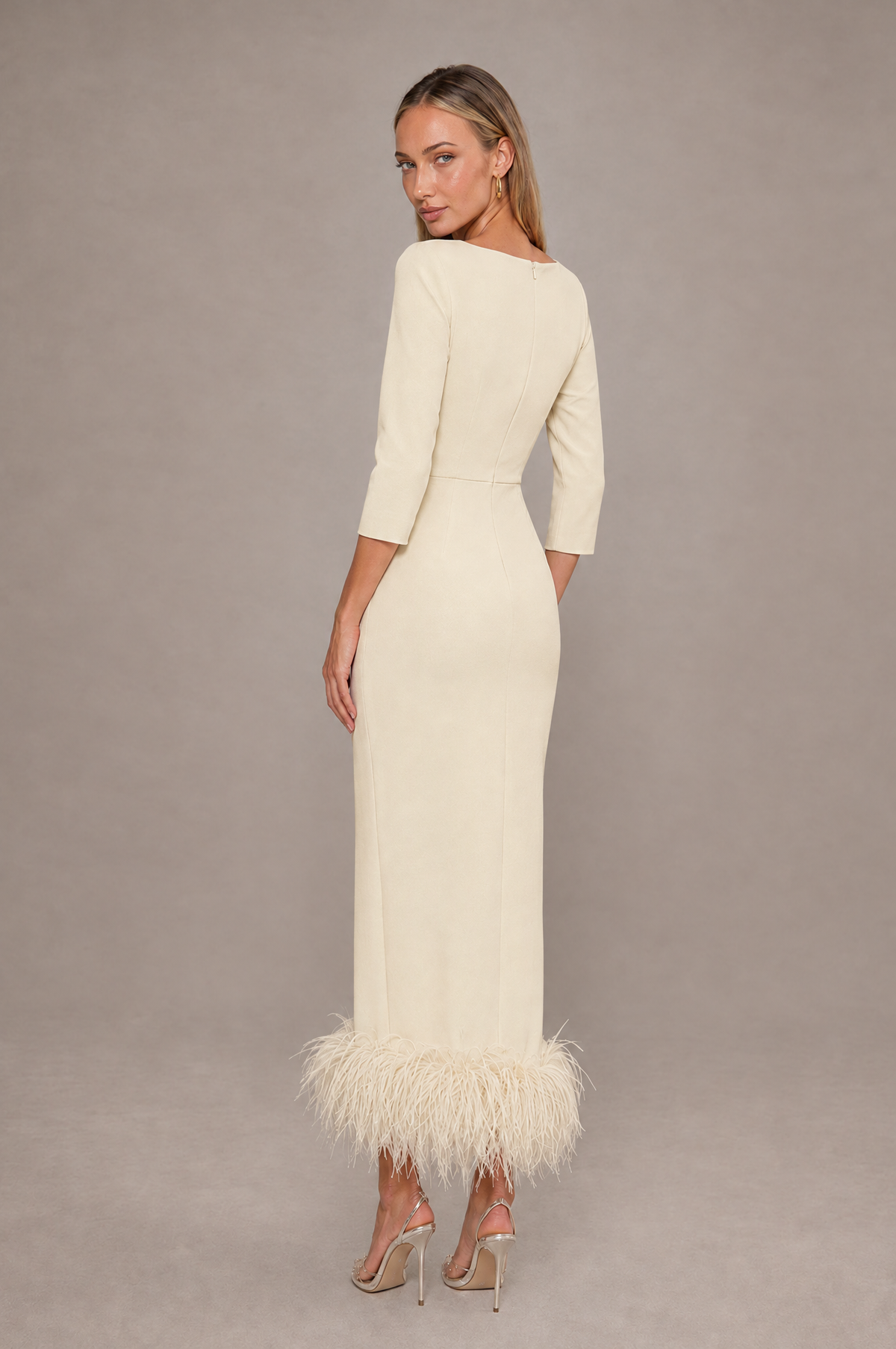 BOLODOO Champagne Feather-Trim Twist-Waist Midi Dress - Champagne - Champagne_2