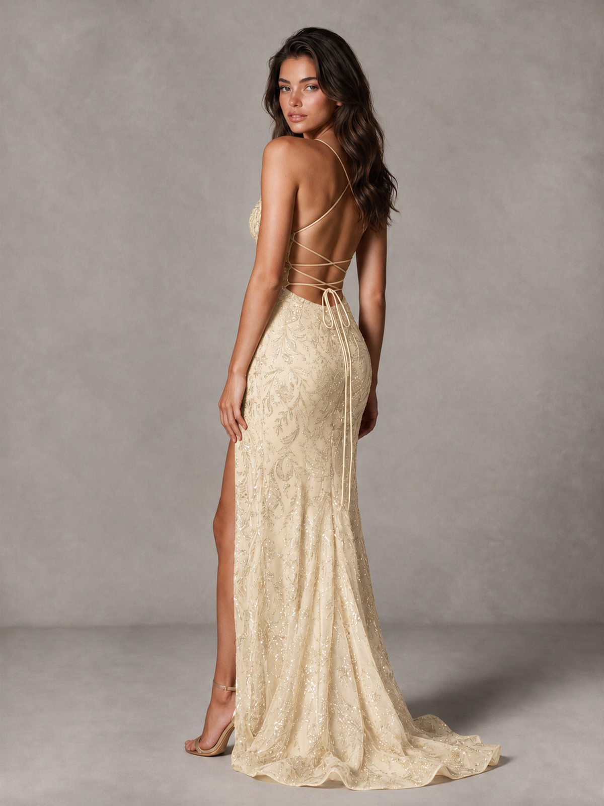 BOLODOO Champagne Sequin Prom Dress with Lace-Up Back and High Slit - Champagne - Champagne_2
