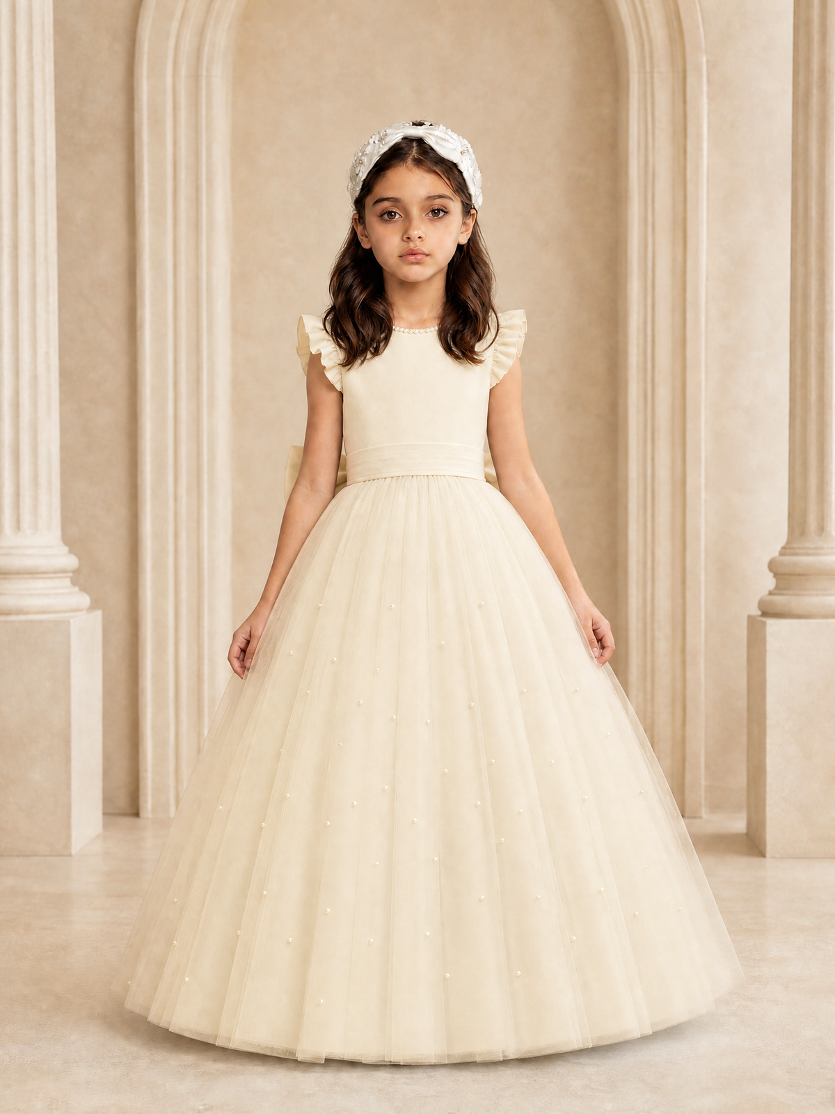 BOLODOO Champagne Tulle Flower Girl Dress with Ruffle Sleeves & Bow Back - Champagne - Champagne_2