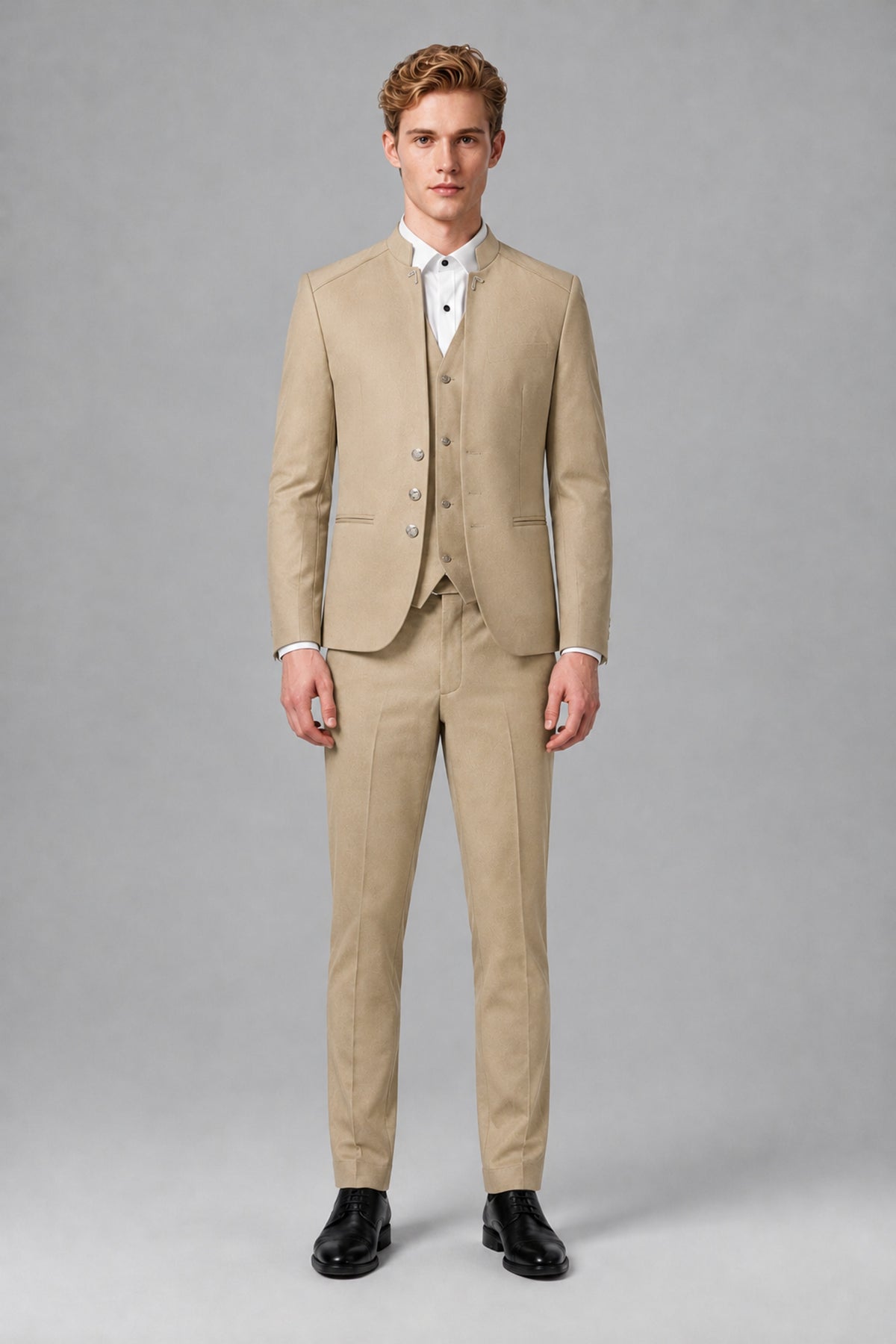 Bolodoo Men's Champagne Mandarin Collar 3-Piece Suit – Jacket, Vest & Trousers - Champagne - Champagne_2