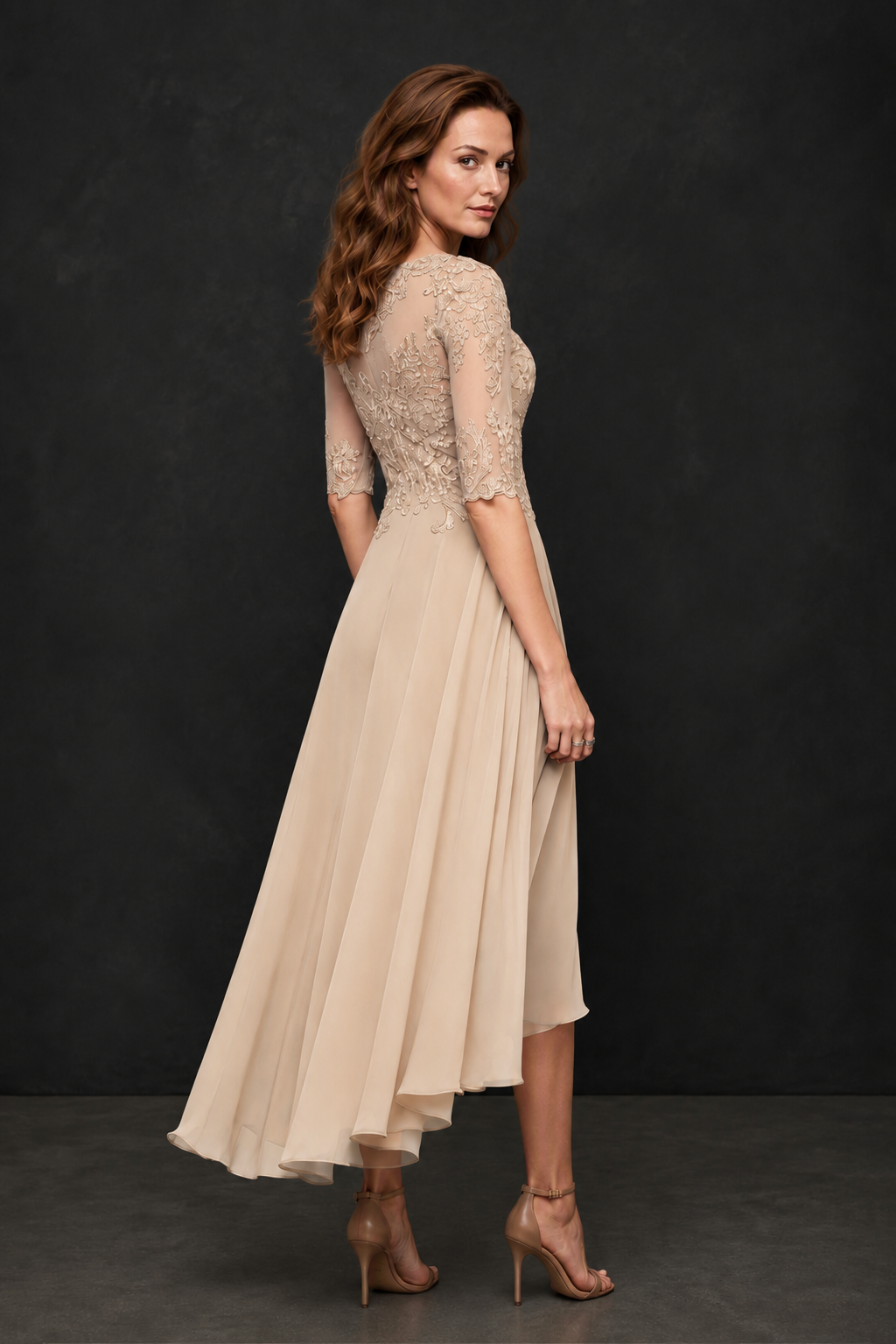 BOLODOO Champagne Illusion Lace 3/4 Sleeve Hi-Lo Chiffon A-Line Dress | Mother of the Bride Tea Length Dress - Champagne