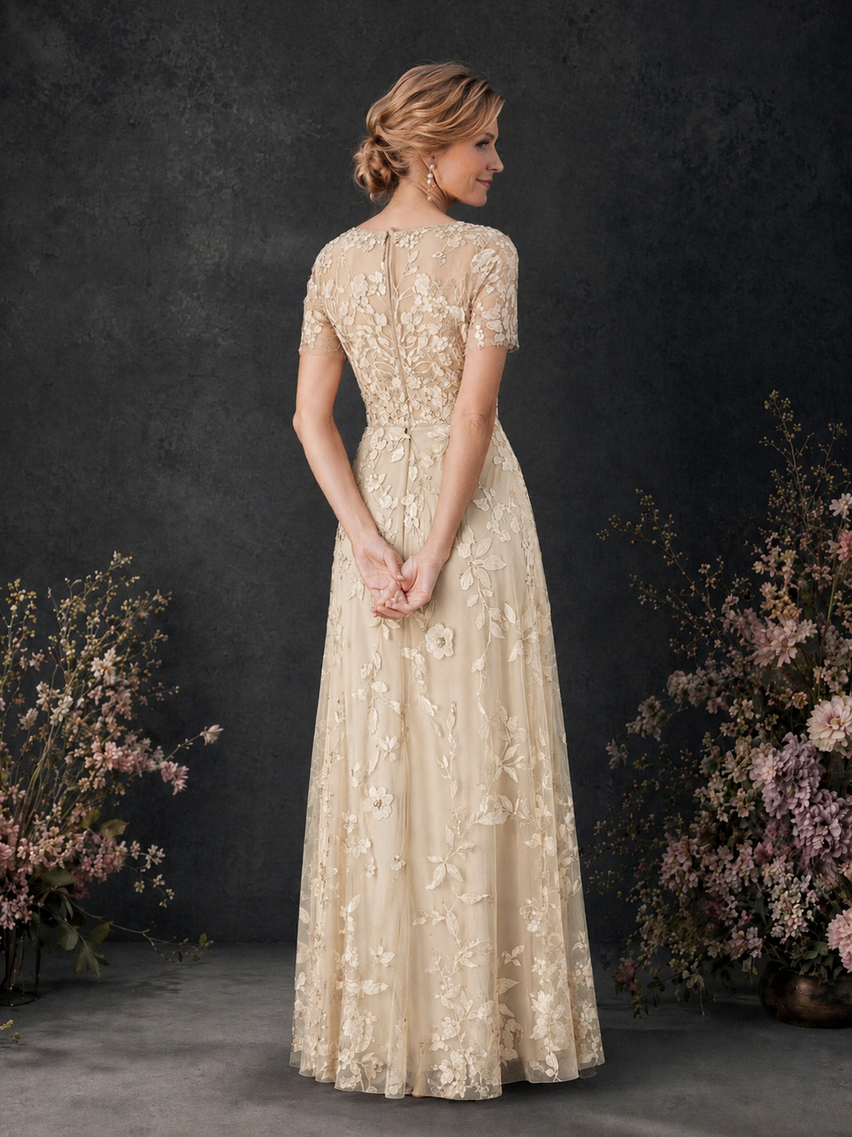 BOLODOO Champagne 3D Floral Embroidered Lace V-Neck Short Sleeve A-Line Maxi Dress - Champagne