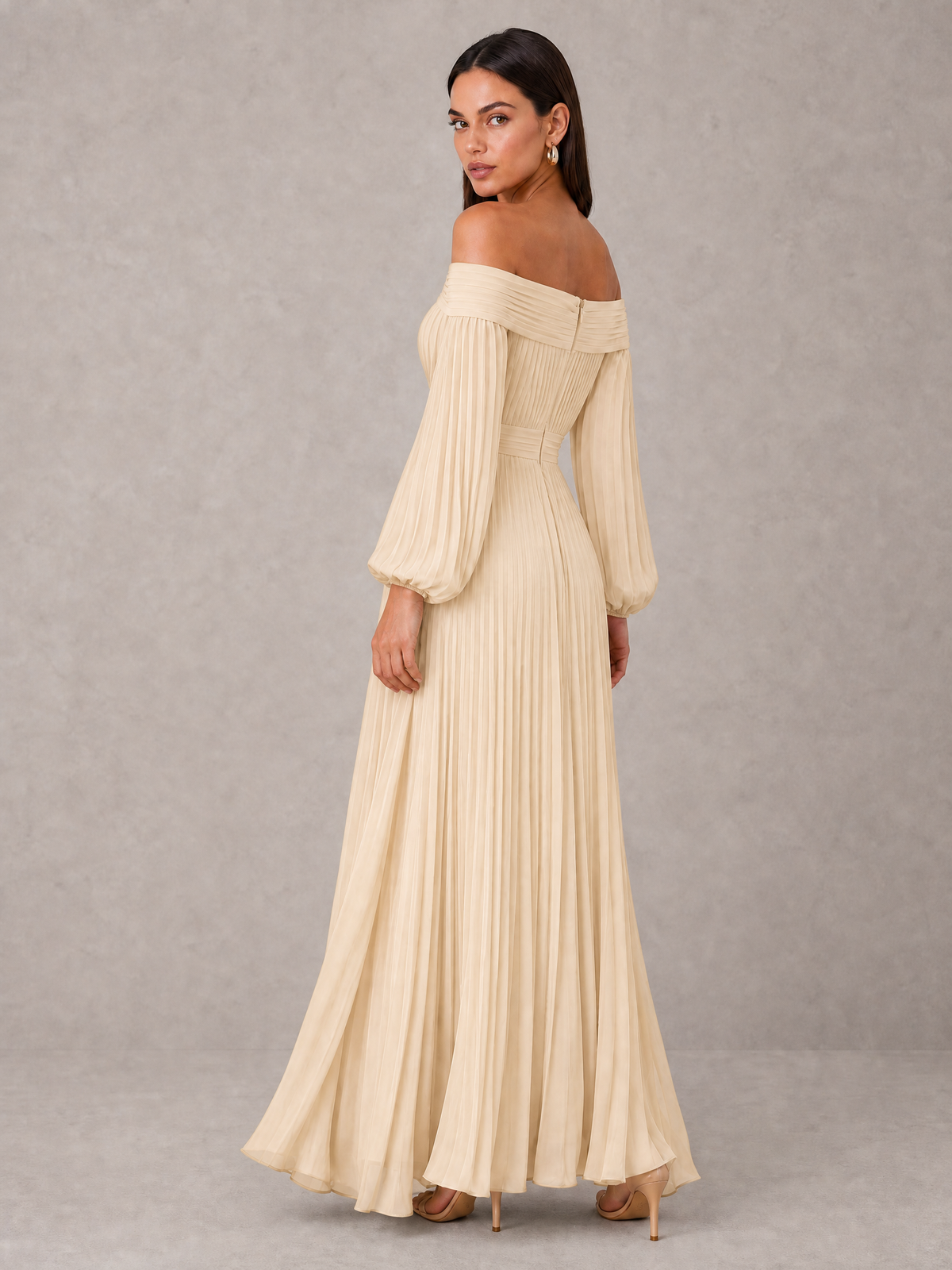 BOLODOO Champagne Off-Shoulder Long Sleeve Pleated High-Low Dress - Champagne - Champagne_2