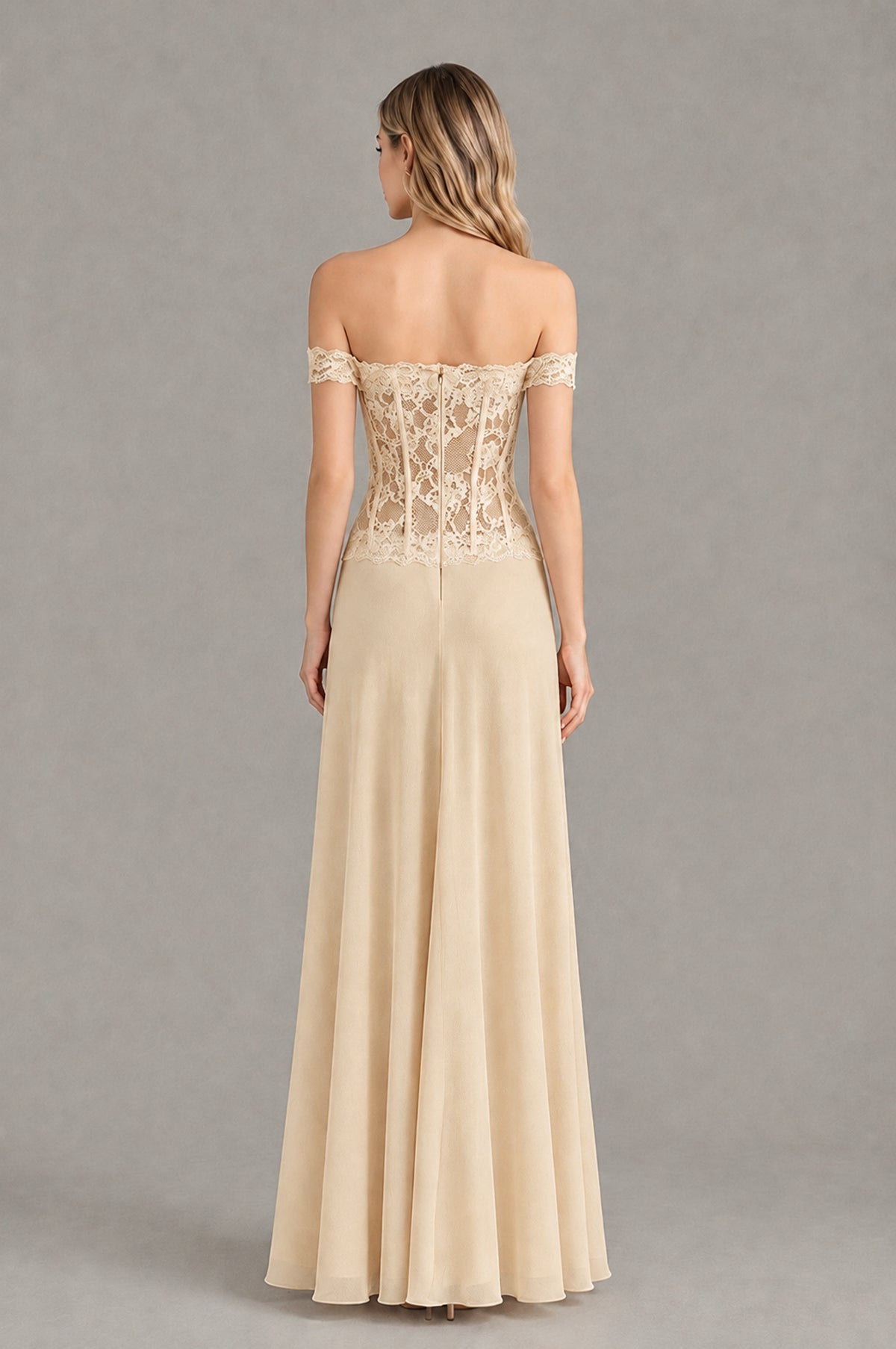 BOLODOO Champagne Off Shoulder Lace Corset Wedding Guest Dress - Champagne - Champagne_2