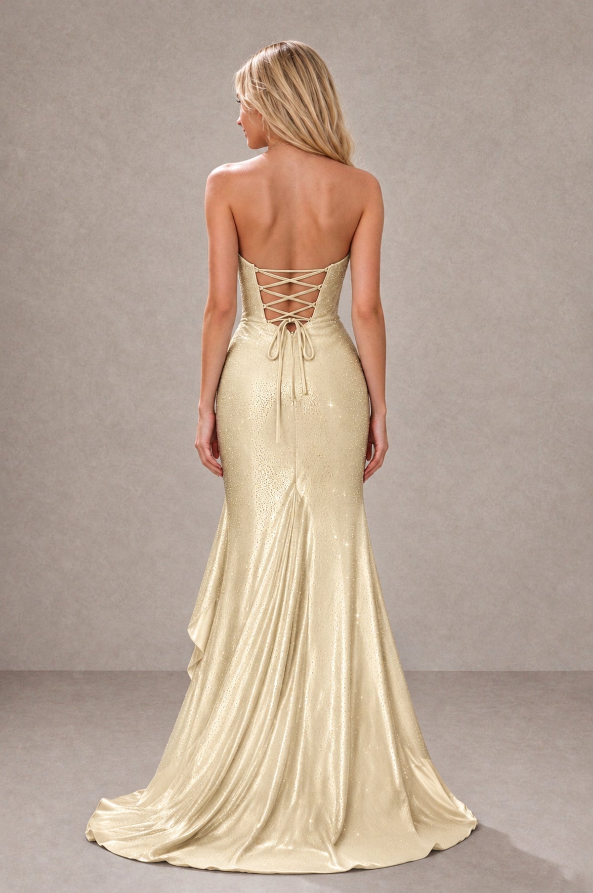 BOLODOO Champagne Strapless Corset Mermaid Prom Dress with Ruffle Slit - Champagne - Champagne_2