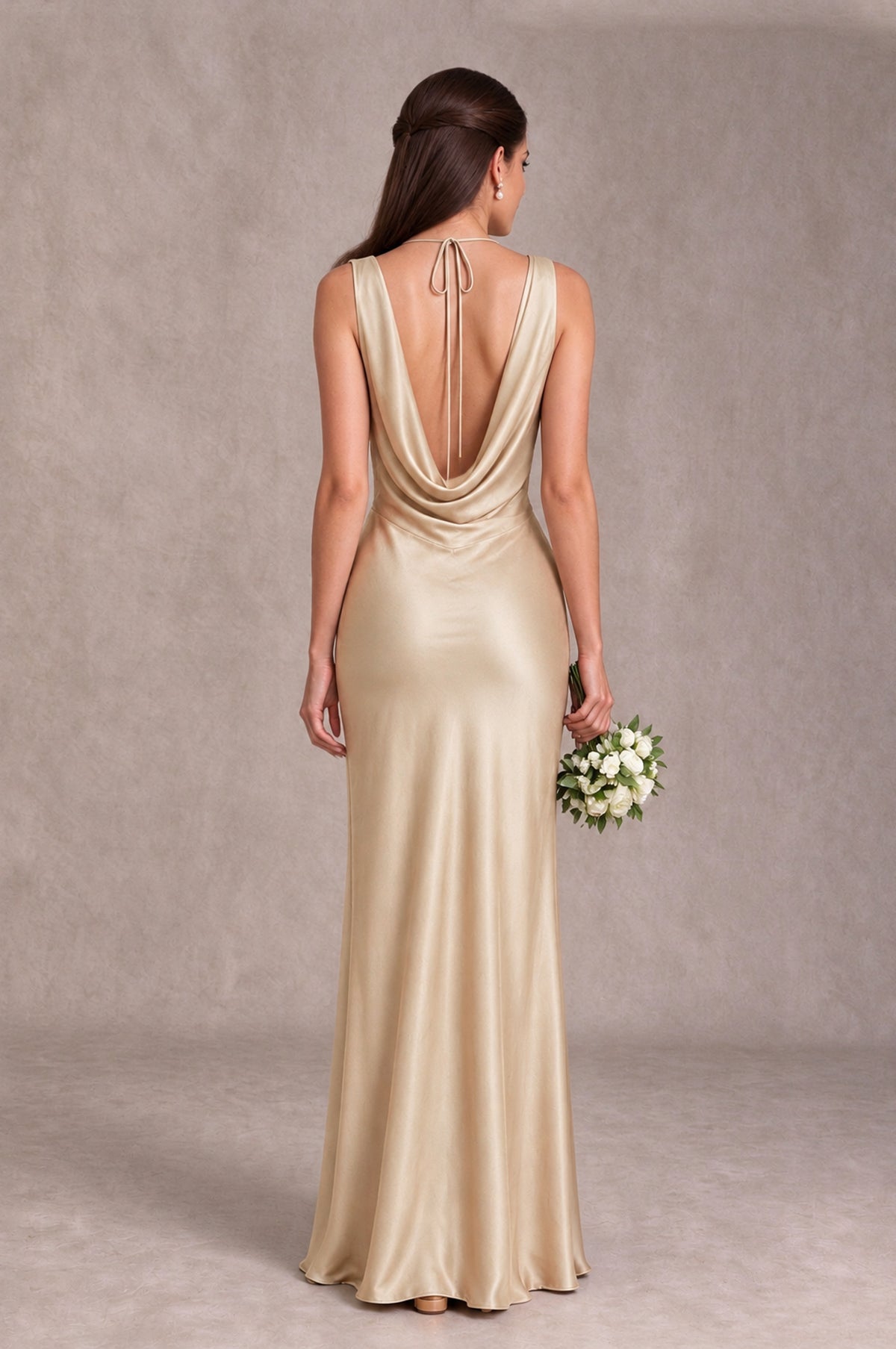 BOLODOO Champagne Cowl Neck Open Back Satin Bridesmaid Dress - Champagne - Champagne_2