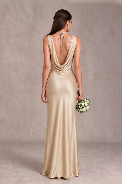 BOLODOO Champagne Cowl Neck Open Back Satin Bridesmaid Dress - Champagne - Champagne_2