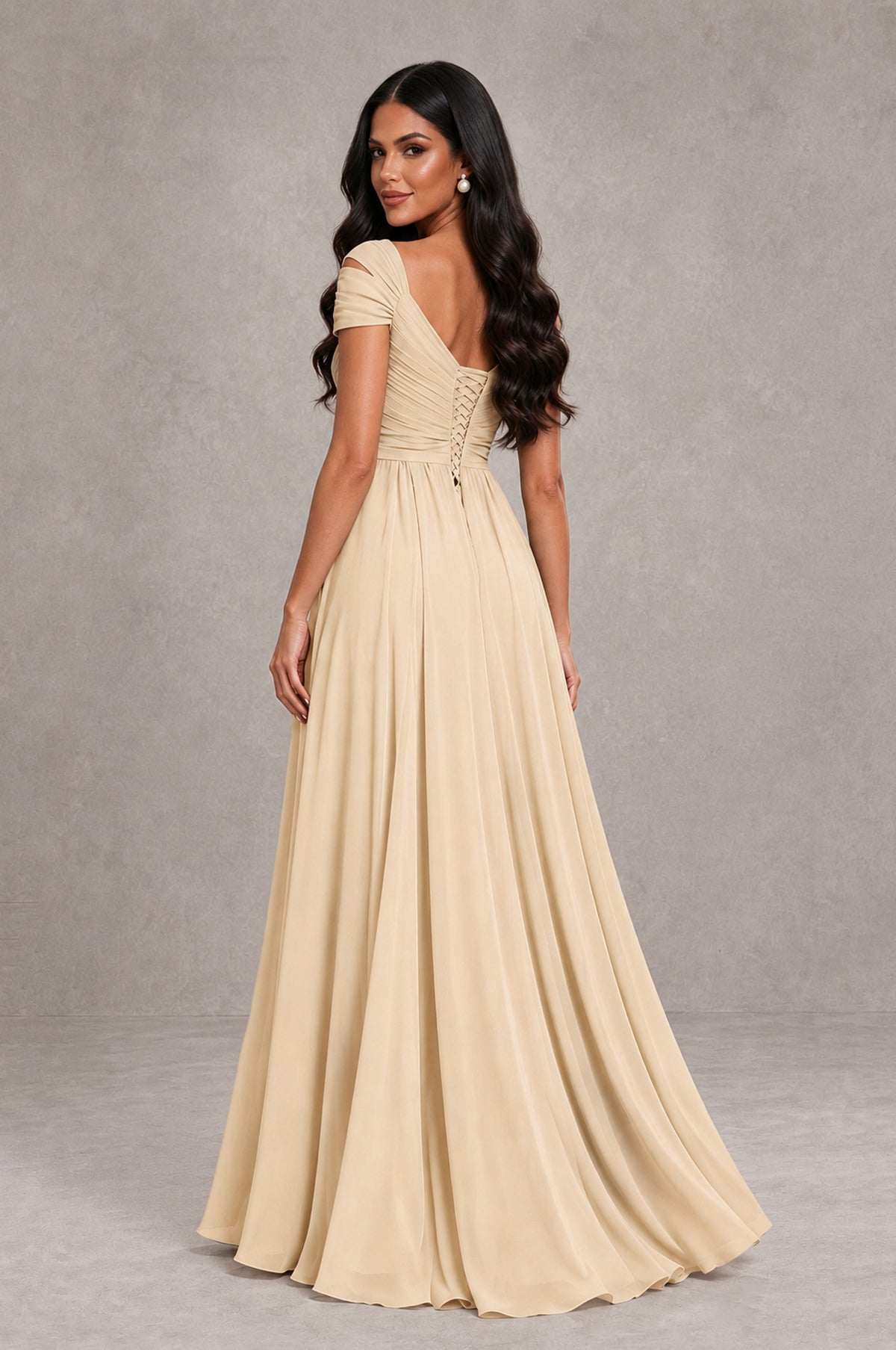 BOLODOO Champagne Cold Shoulder Chiffon Evening Dress with V Neck and High Slit - Champagne - Champagne_2
