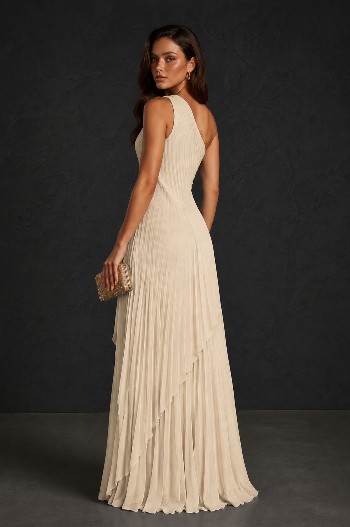 BOLODOO Champagne One-Shoulder Sunburst Pleated Asymmetric Layered Overlay Accordion Pleated Chiffon Maxi Dress - Champagne