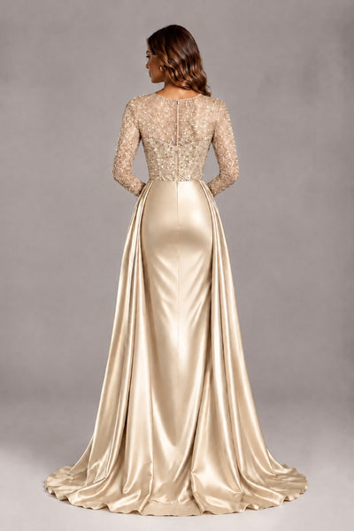 BOLODOO Champagne Long Sleeve Embellished Satin Evening Gown with Sweep Train - Champagne - Champagne_2