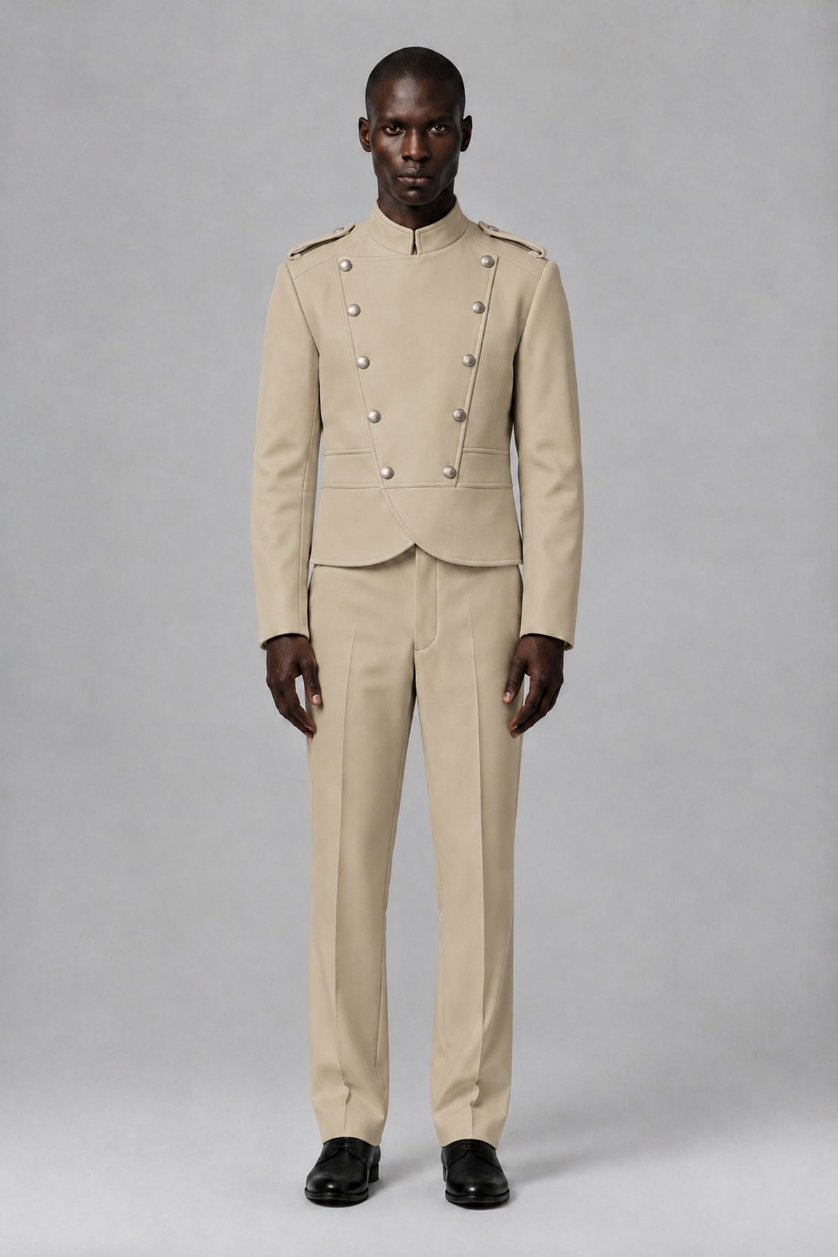 Bolodoo Men's Champagne Military-Inspired Two-Piece Suit with Stand Collar - Champagne - Champagne_2