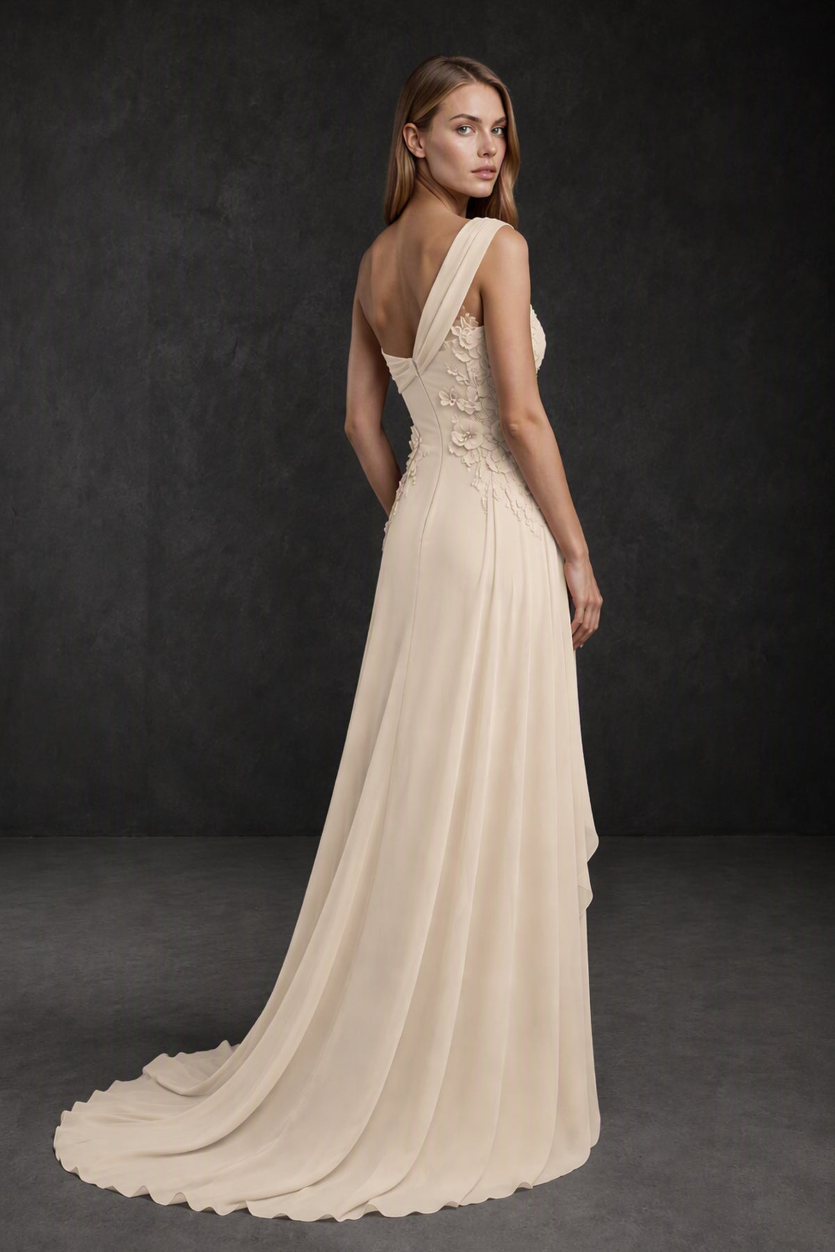 BOLODOO Champagne One-Shoulder 3D Floral Appliqué Chiffon Gown with Open Back - Champagne