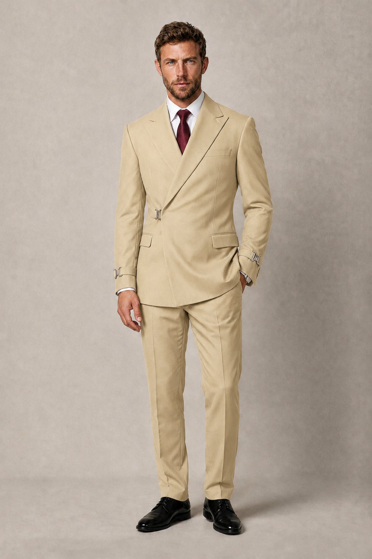 BOLODOO Men's Champagne Double-Breasted 2-Piece Suit Set – Blazer & Tailored Trousers - Champagne