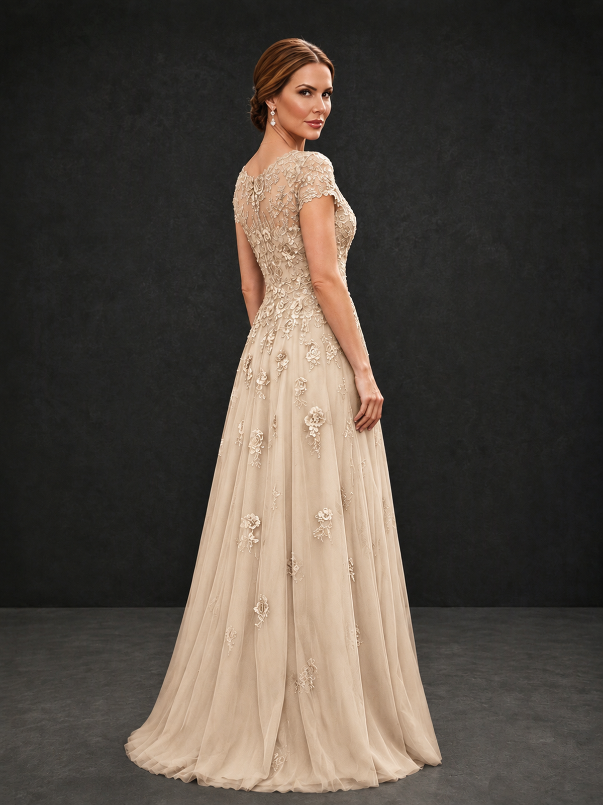 BOLODOO Champagne Cap Sleeve Lace Appliqué A-Line Formal Gown | Mother of the Bride Dress - Champagne - Champagne_2
