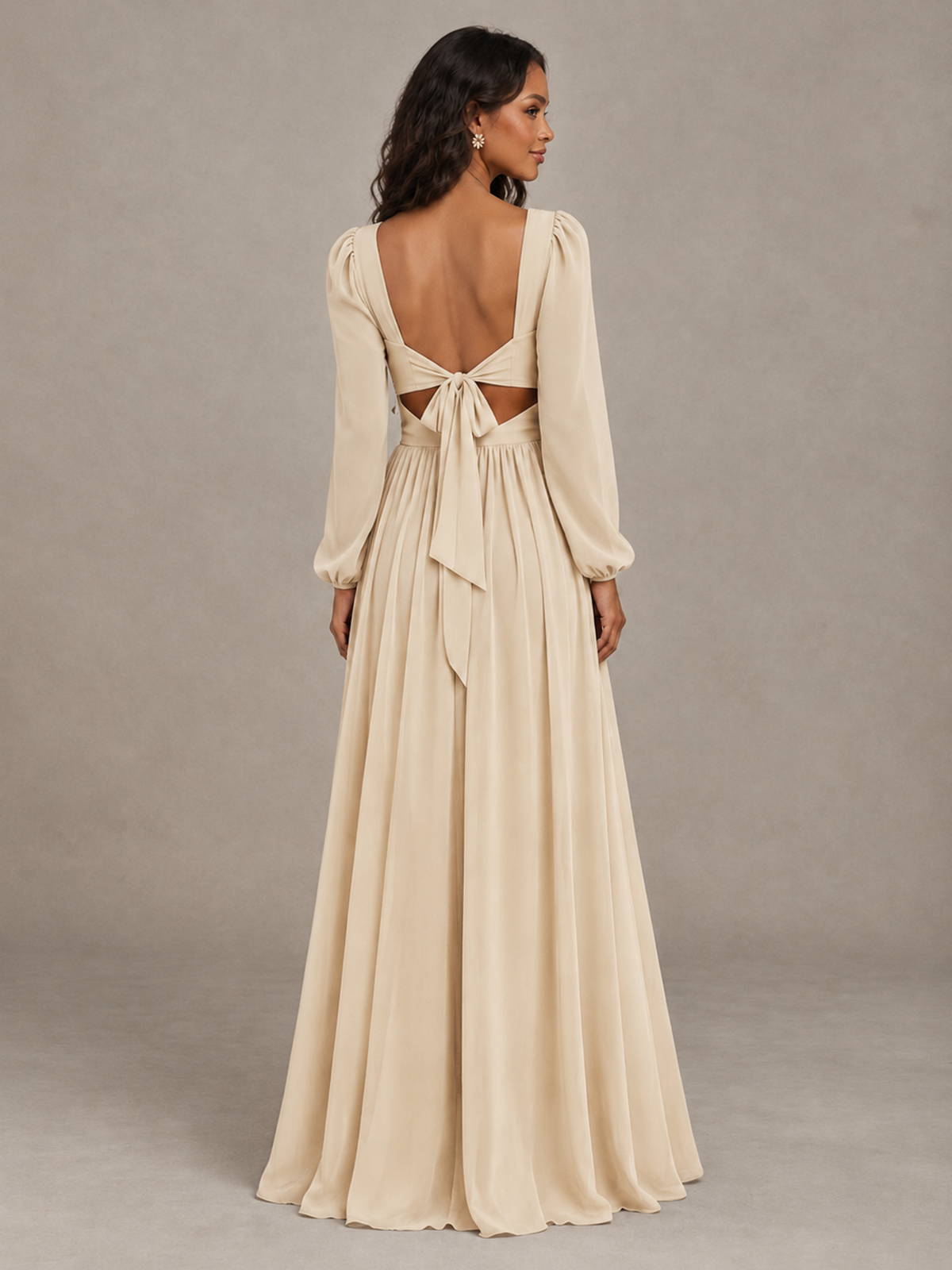 BOLODOO Champagne V-Neck Long Sleeve Bridesmaid Dress with Tie Back and Slit - Champagne - Champagne_2