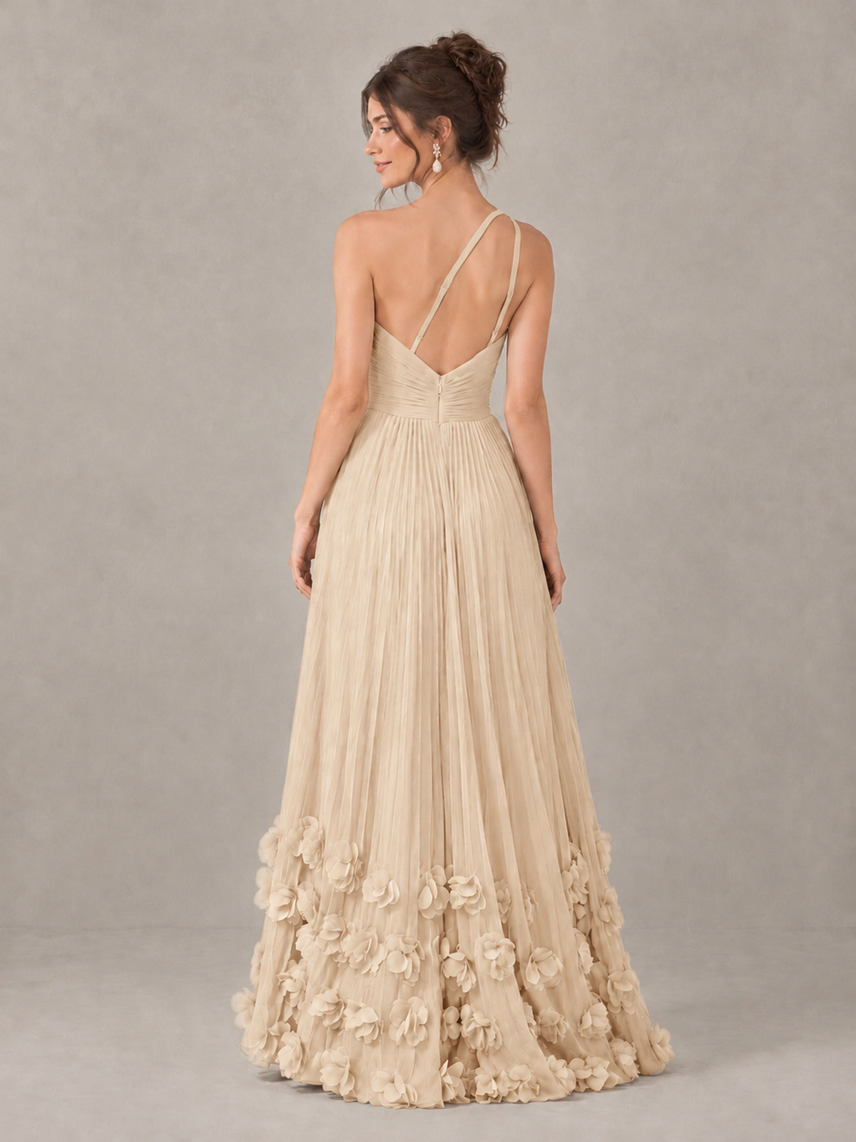 BOLODOO Champagne One-Shoulder Pleated Bridesmaid Dress with 3D Floral Hem - Champagne - Champagne_2