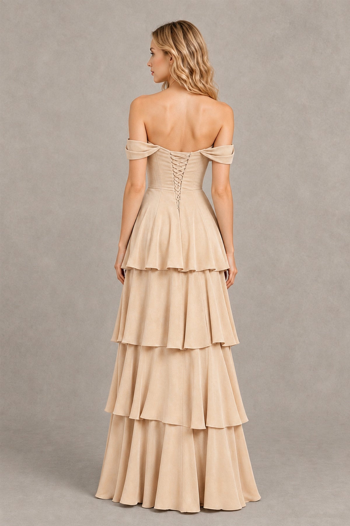 BOLODOO Champagne Off-the-Shoulder Tiered A-Line Evening Bridesmaid Dress - Champagne - Champagne_2