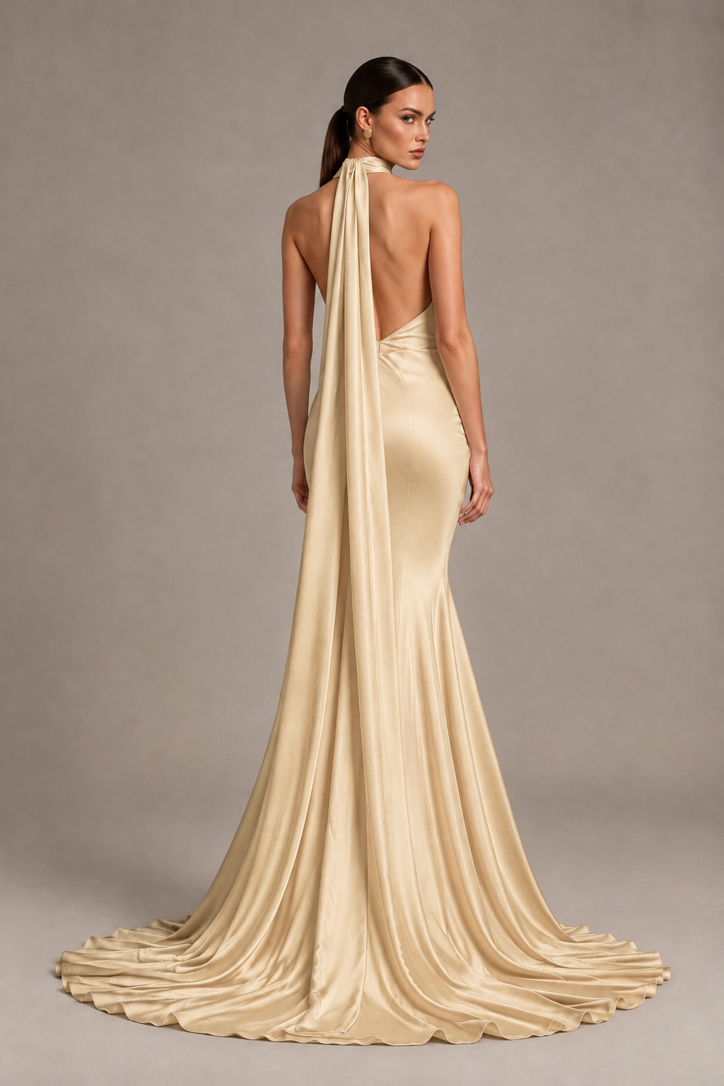 BOLODOO Champagne One-Shoulder Satin Mermaid Evening Dress with Scarf - Champagne - Champagne_2