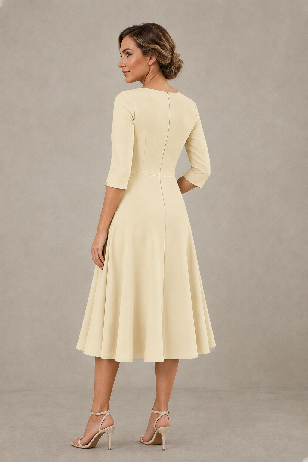 BOLODOO Champagne 3/4 Sleeve A-Line Dress with Floral Embroidery – Mother of the Bride & Wedding Guest Dress - Champagne