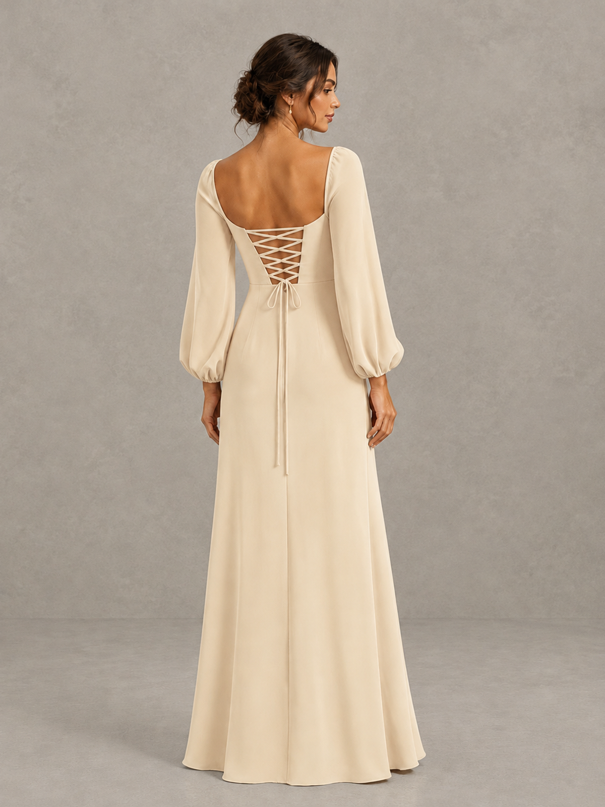 BOLODOO Champagne Square Neck Long Sleeve Bridesmaid Dress with High Slit - Champagne - Champagne_2