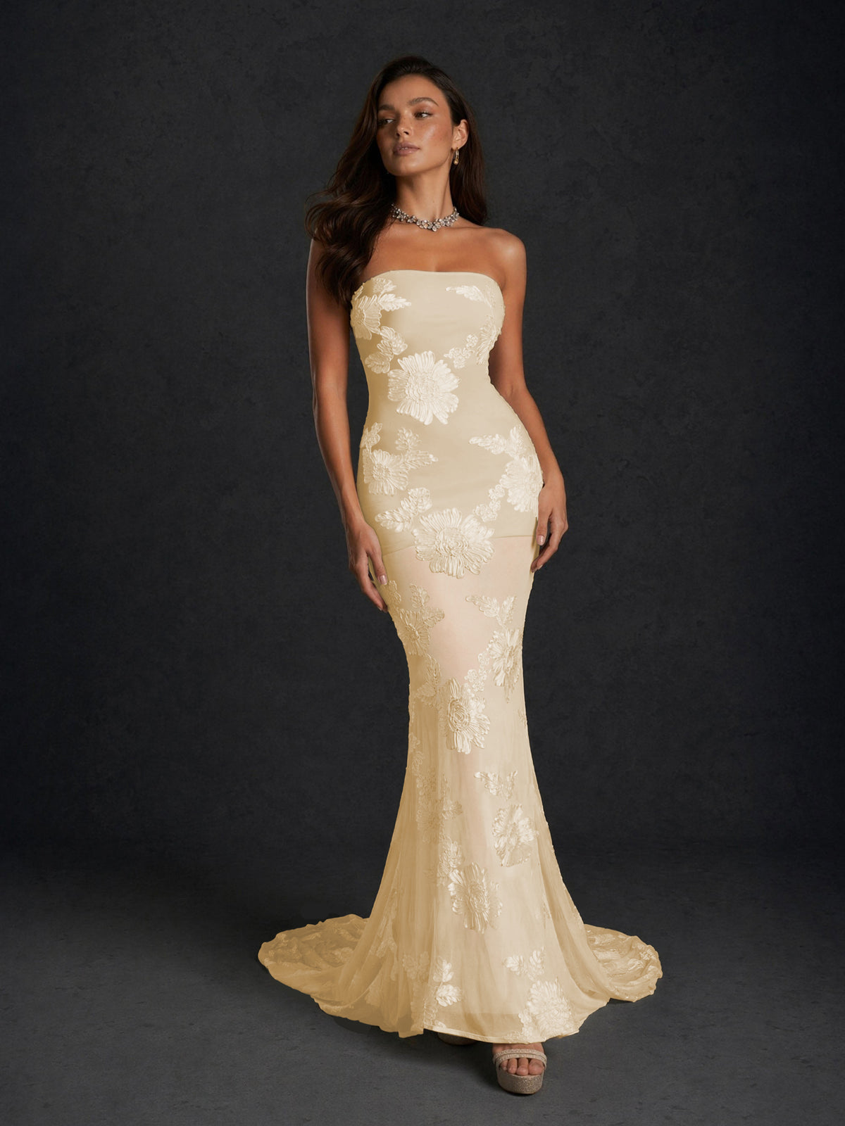 BOLODOO Champagne Champagne Gold Floral Sequin Embroidered Mesh Strapless Open Back Mermaid Maxi Dress with Train - Champagne