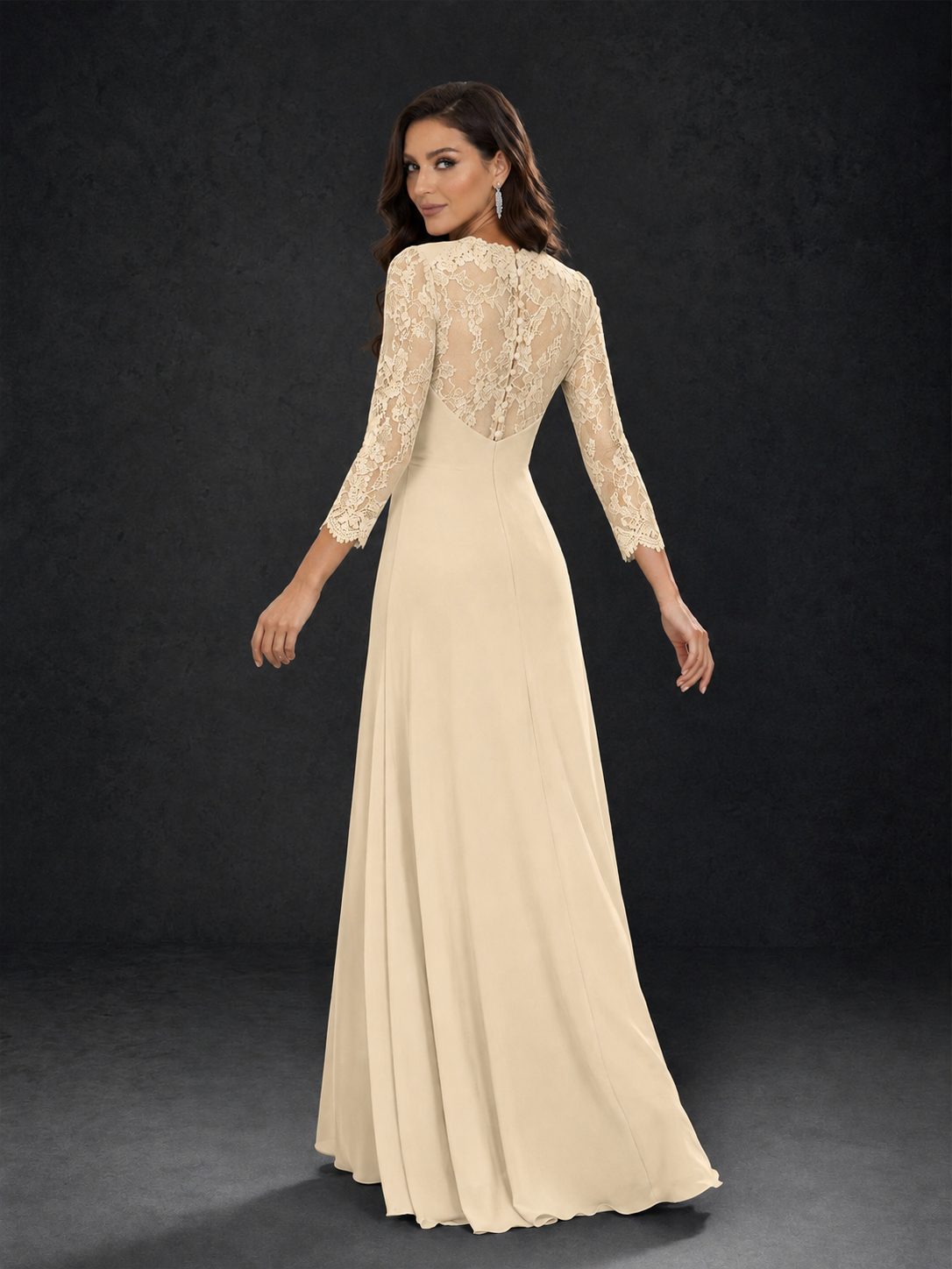 BOLODOO Champagne Lace Sleeve V-Neck Floral Waist Chiffon A-Line Maxi Dress - Champagne