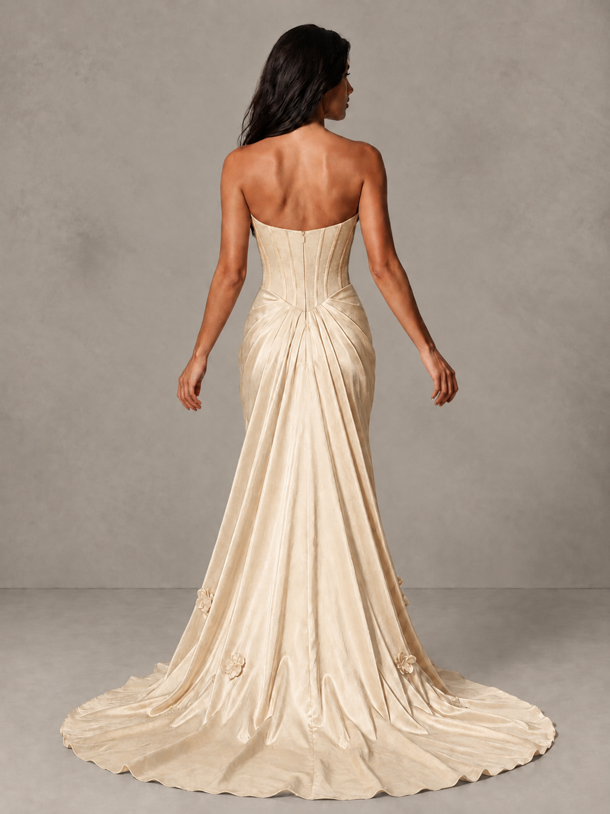 BOLODOO Champagne Strapless Floral Corset Evening Gown with Train - Champagne - Champagne_2