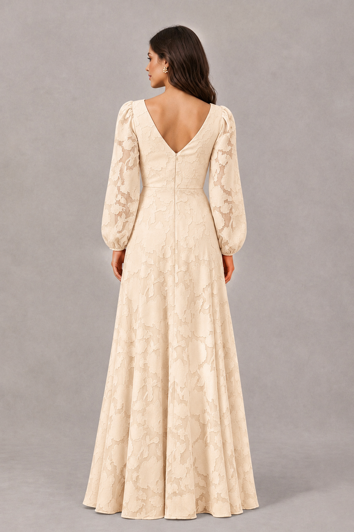 BOLODOO Champagne Long Sleeve V-Neck A-Line Mother of the Bride Dress - Champagne - Champagne_2