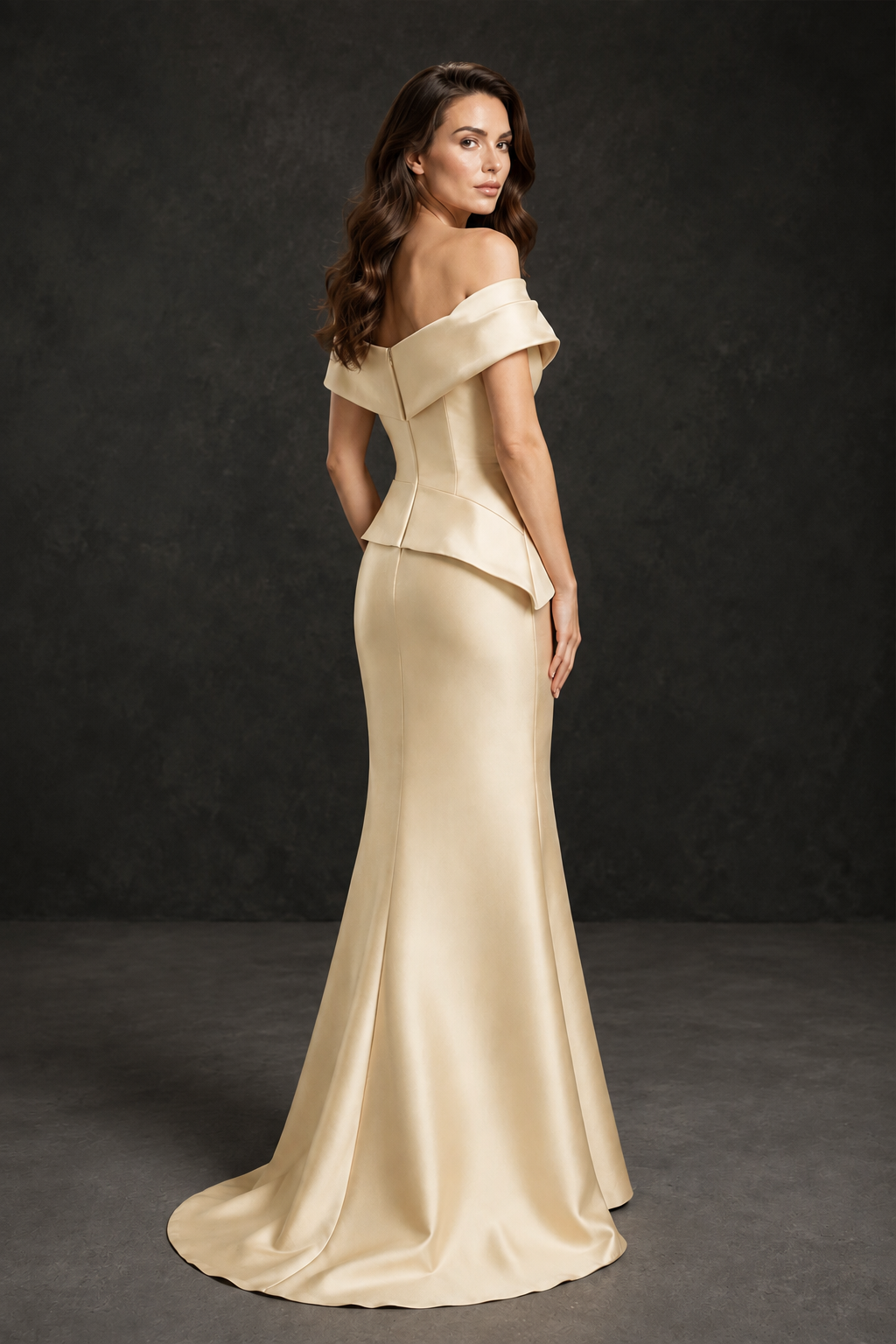 BOLODOO Champagne Satin Off-Shoulder Sweetheart Asymmetric Peplum Mermaid Gown with Champagne Floral Embroidery | MOB Evening Dress - Champagne