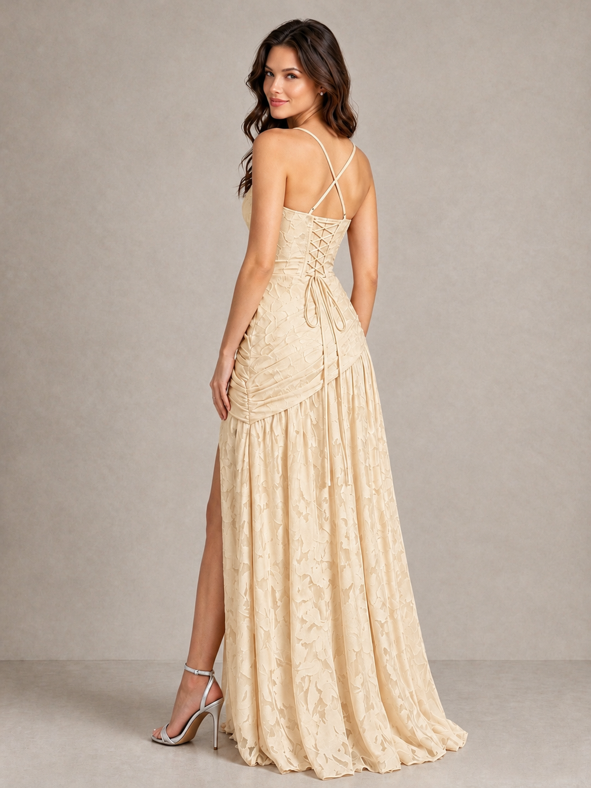 BOLODOO Champagne Floral Jacquard Bridesmaid Dress with Square Neck, Lace-Up Back & High Slit - Champagne - Champagne_2