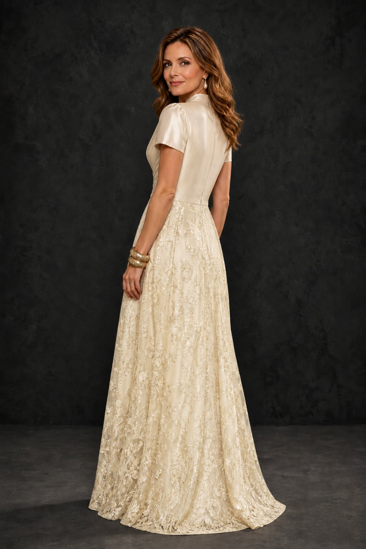 BOLODOO Champagne Satin Wrap V-Neck Short Sleeve Lace Glitter A-Line Floor Length Evening Gown – Formal Dress - Champagne