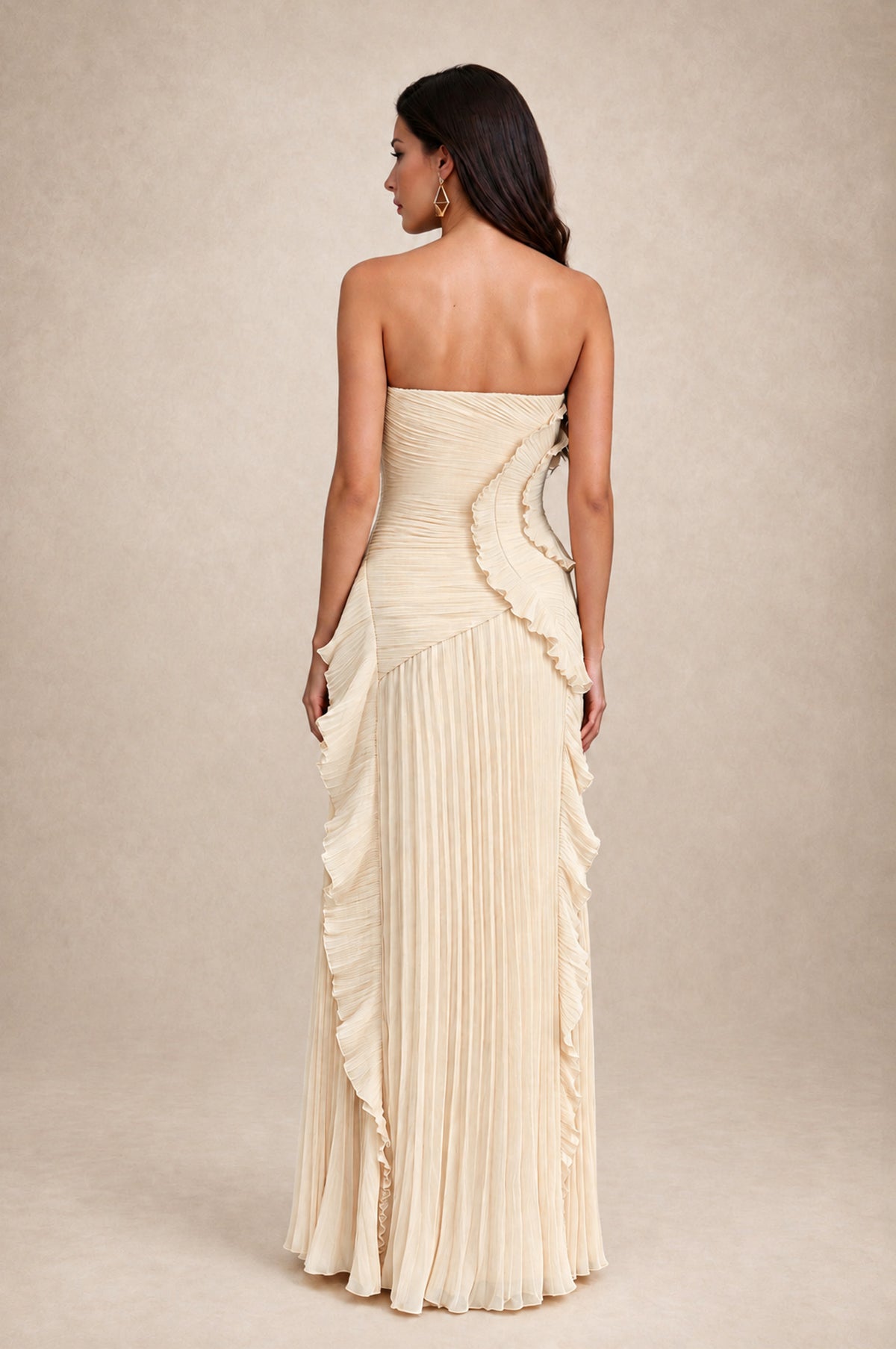 BOLODOO Champagne Strapless Ruffle Pleated Slit Evening Gown - Champagne - Champagne_2