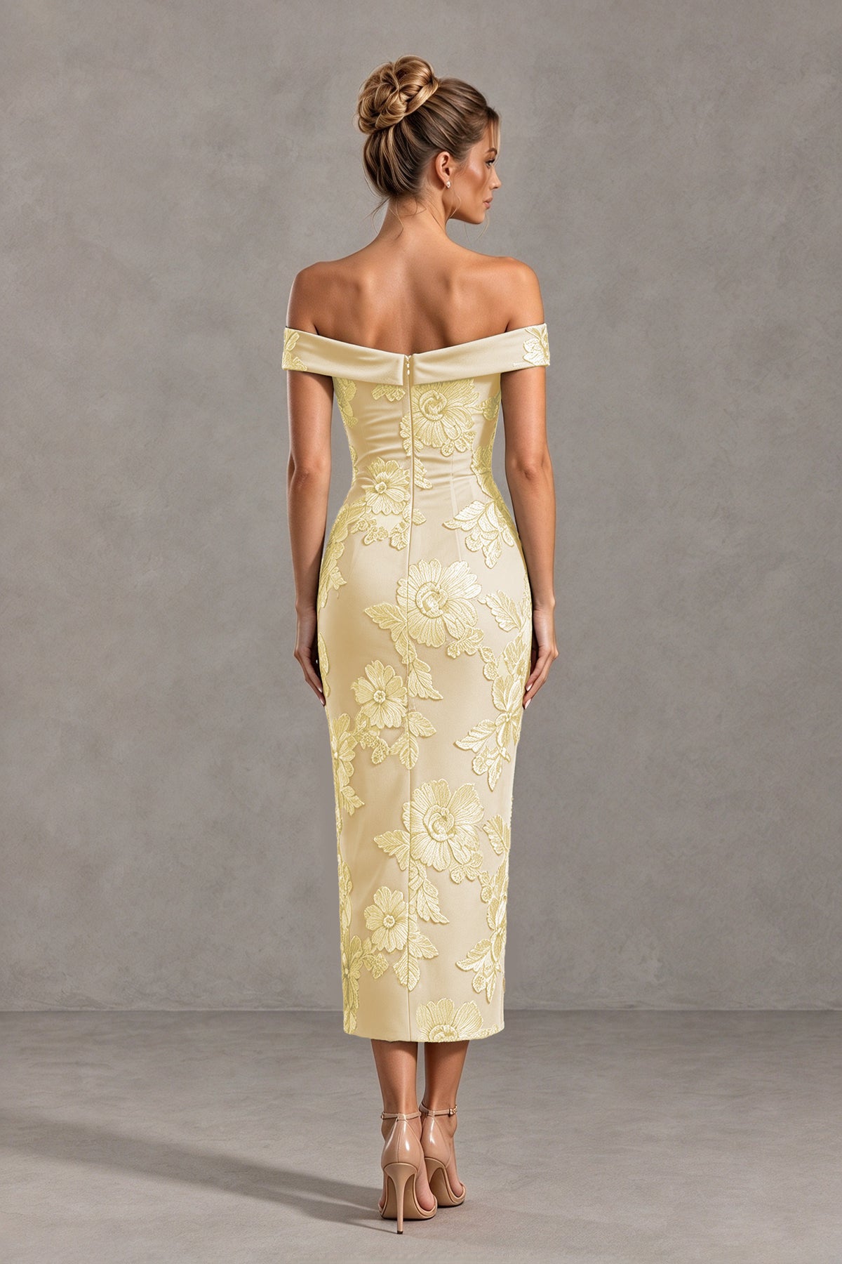 BOLODOO Champagne Off Shoulder Floral Jacquard Midi Dress - Champagne - Champagne(2)