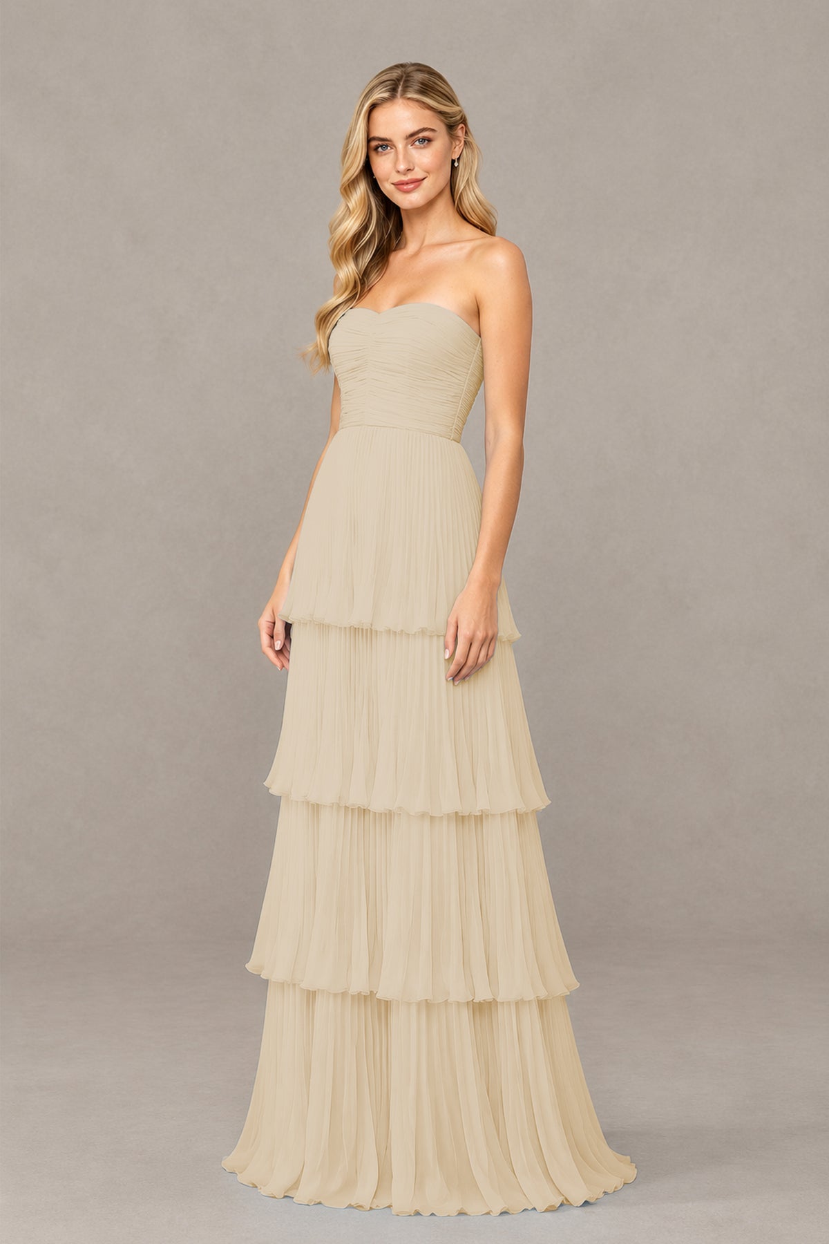 BOLODOO Champagne Strapless Tiered Chiffon Maxi Dress - Champagne