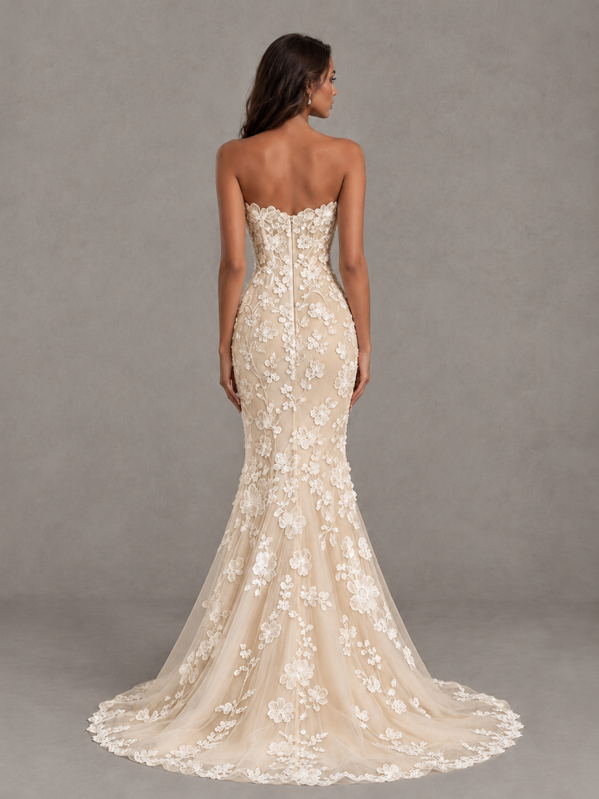BOLODOO Champagne Strapless 3D Floral Lace Mermaid Prom Dress with Train - Champagne - Champagne_2
