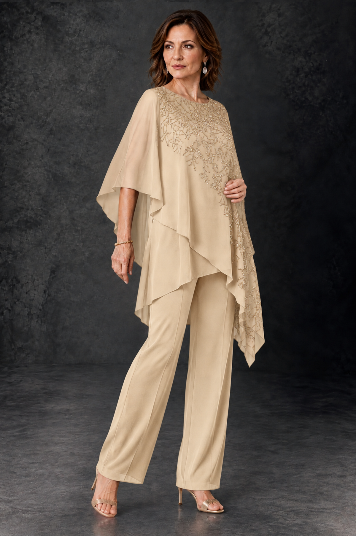 BOLODOO Champagne Embellished Cape Pant Suit for Mother of the Bride - Champagne - Champagne_2