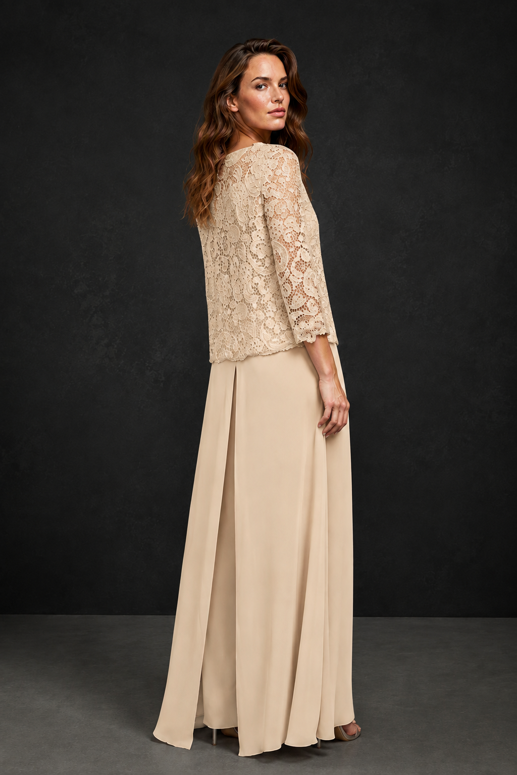 BOLODOO Champagne Grey Lace Peplum Top & Wide-Leg Chiffon Pants Set | Mother of the Bride & Formal Evening Outfit - Champagne
