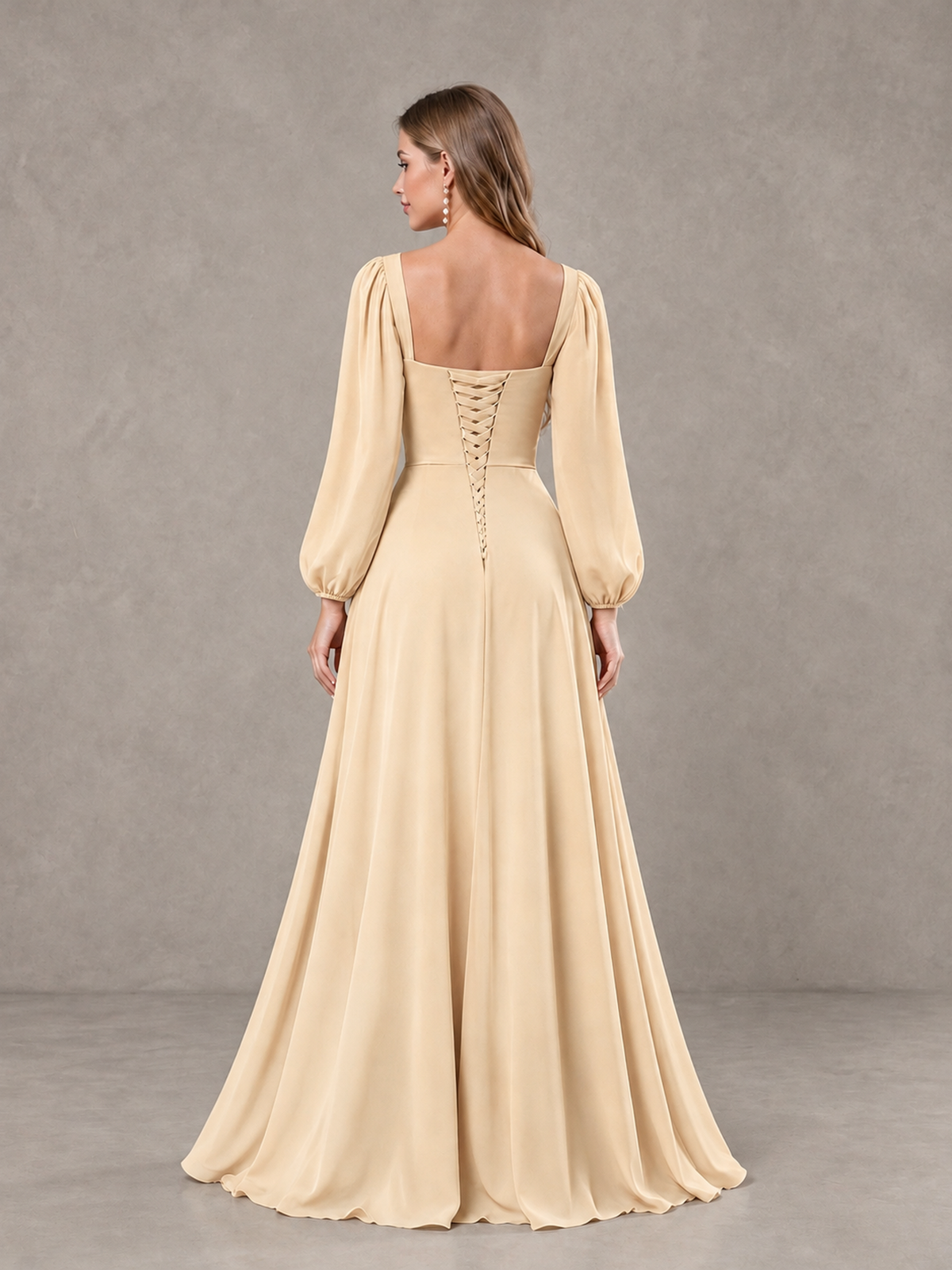 BOLODOO Champagne Square Neck Long Sleeve Bridesmaid Dress with Ruffle Slit - Champagne - Champagne_2
