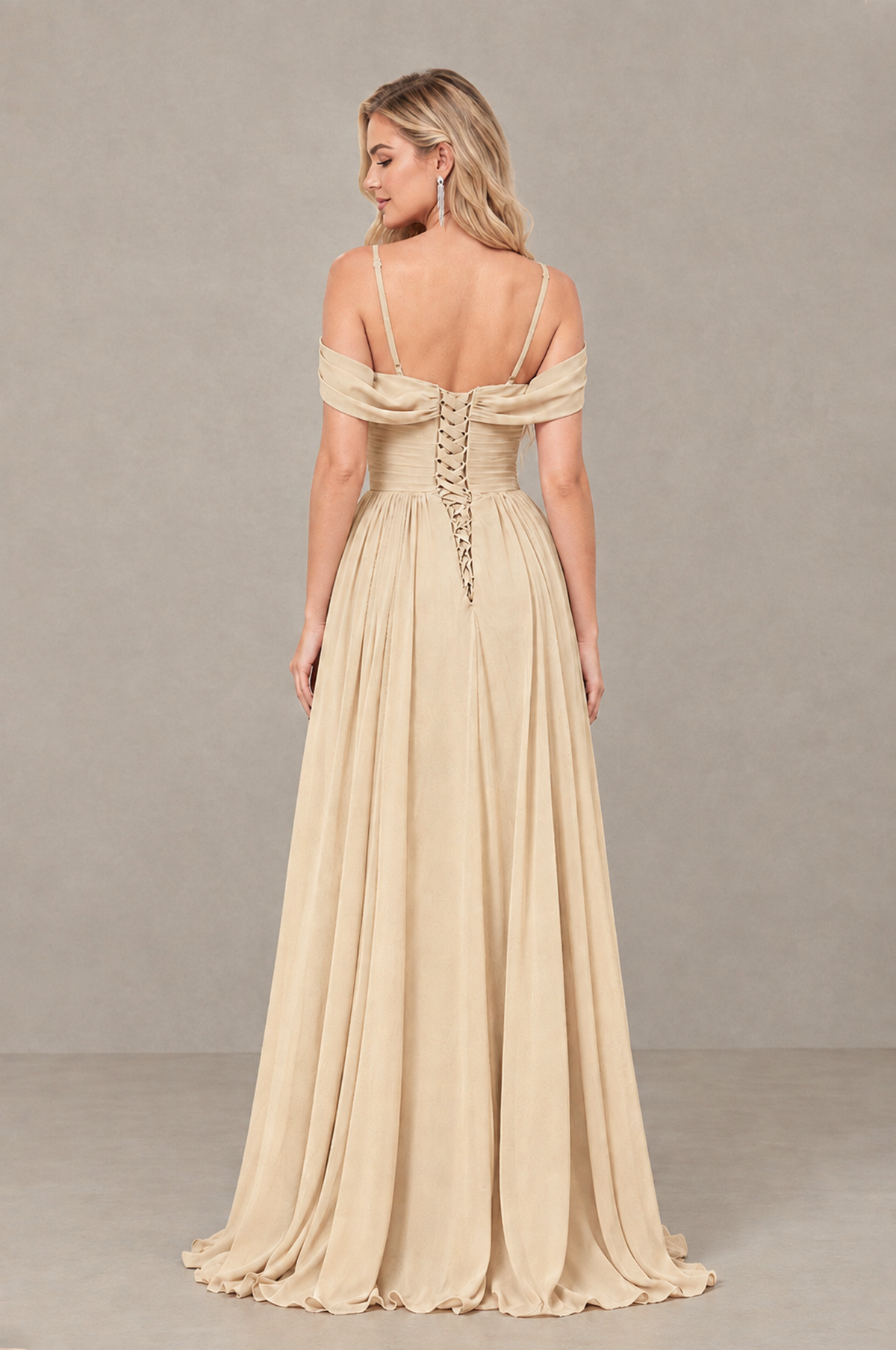 BOLODOO Champagne Off-Shoulder Bridesmaid Dress with Slit - Champagne