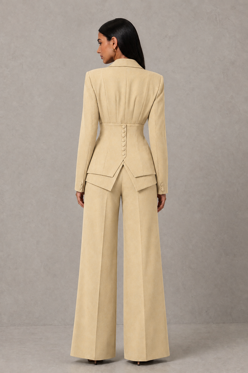 BOLODOO Champagne Cinched Waist Blazer and Wide Leg Pants Two Piece Suit Set - Champagne