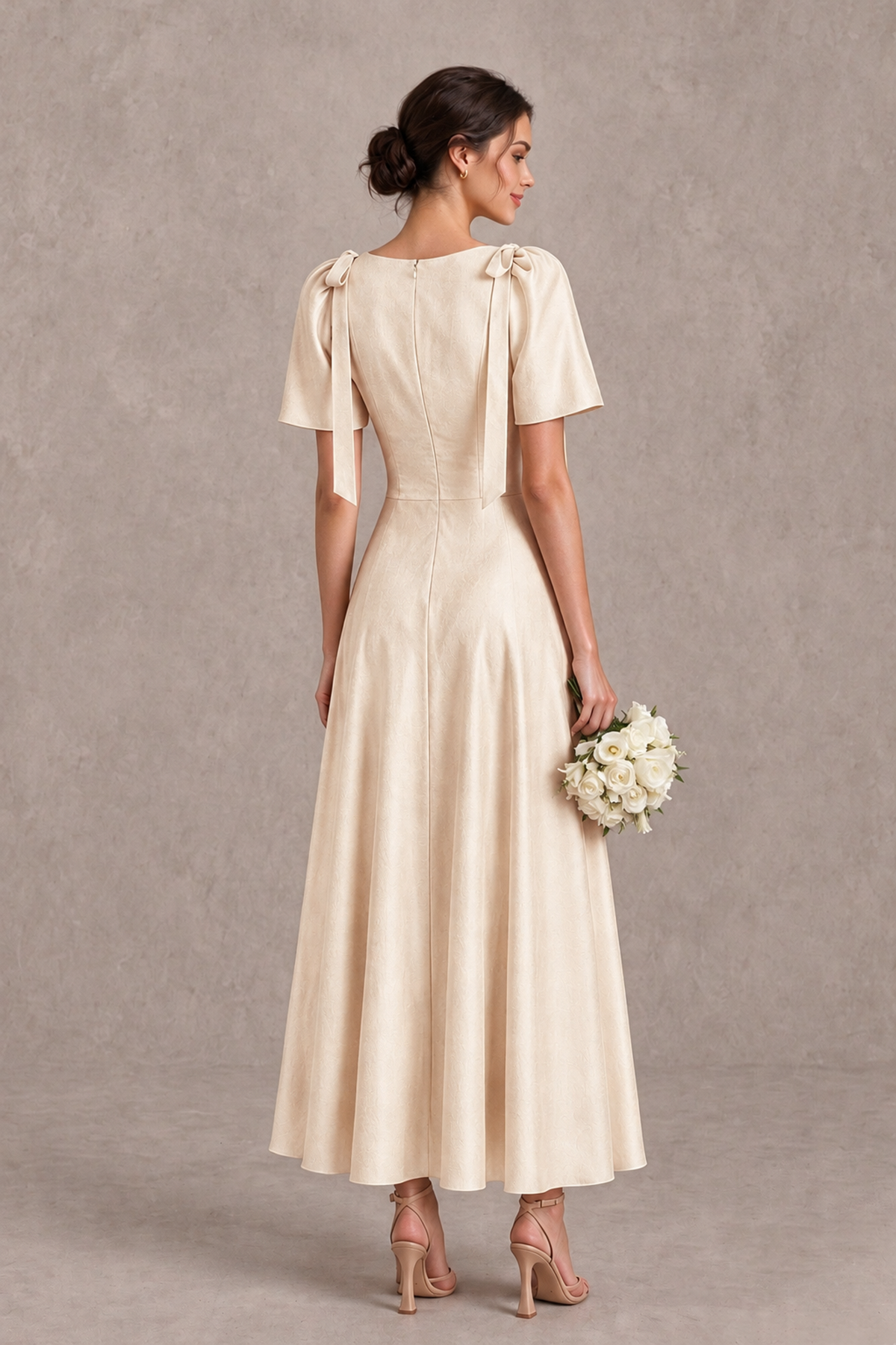 BOLODOO Champagne V-Neck Short Sleeve Satin-Look Bridesmaid Dress with Shoulder Bows - Champagne - Champagne_2