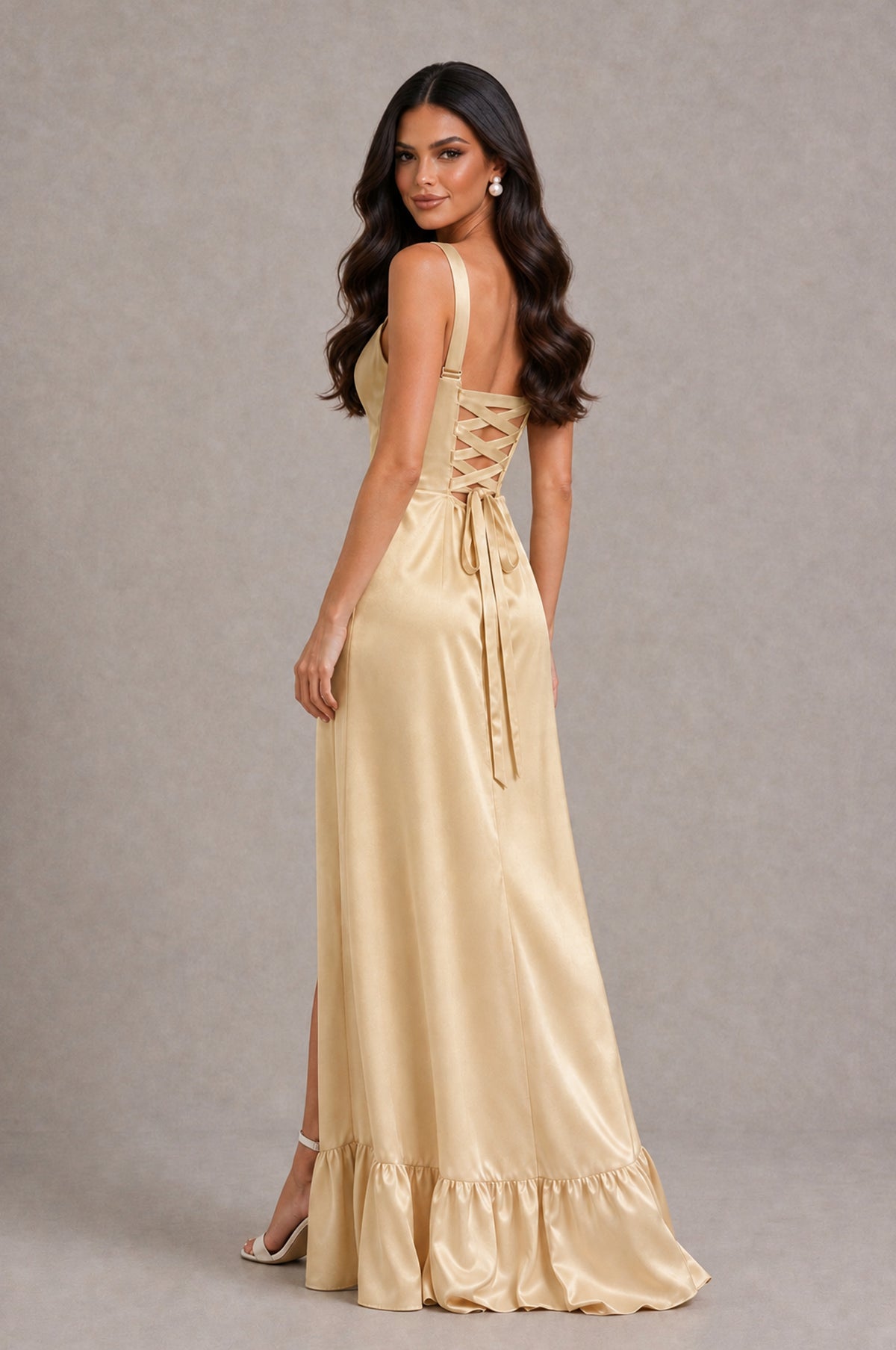 BOLODOO Champagne Square Neck Satin Evening Dress with Lace-Up Back and High Slit - Champagne - Champagne_2