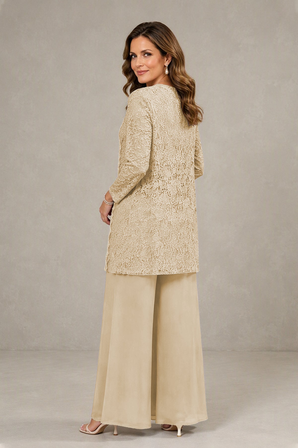 BOLODOO Champagne 3-Piece Lace Chiffon Pantsuit – Mother of the Bride Wedding Guest with Jacket - Champagne