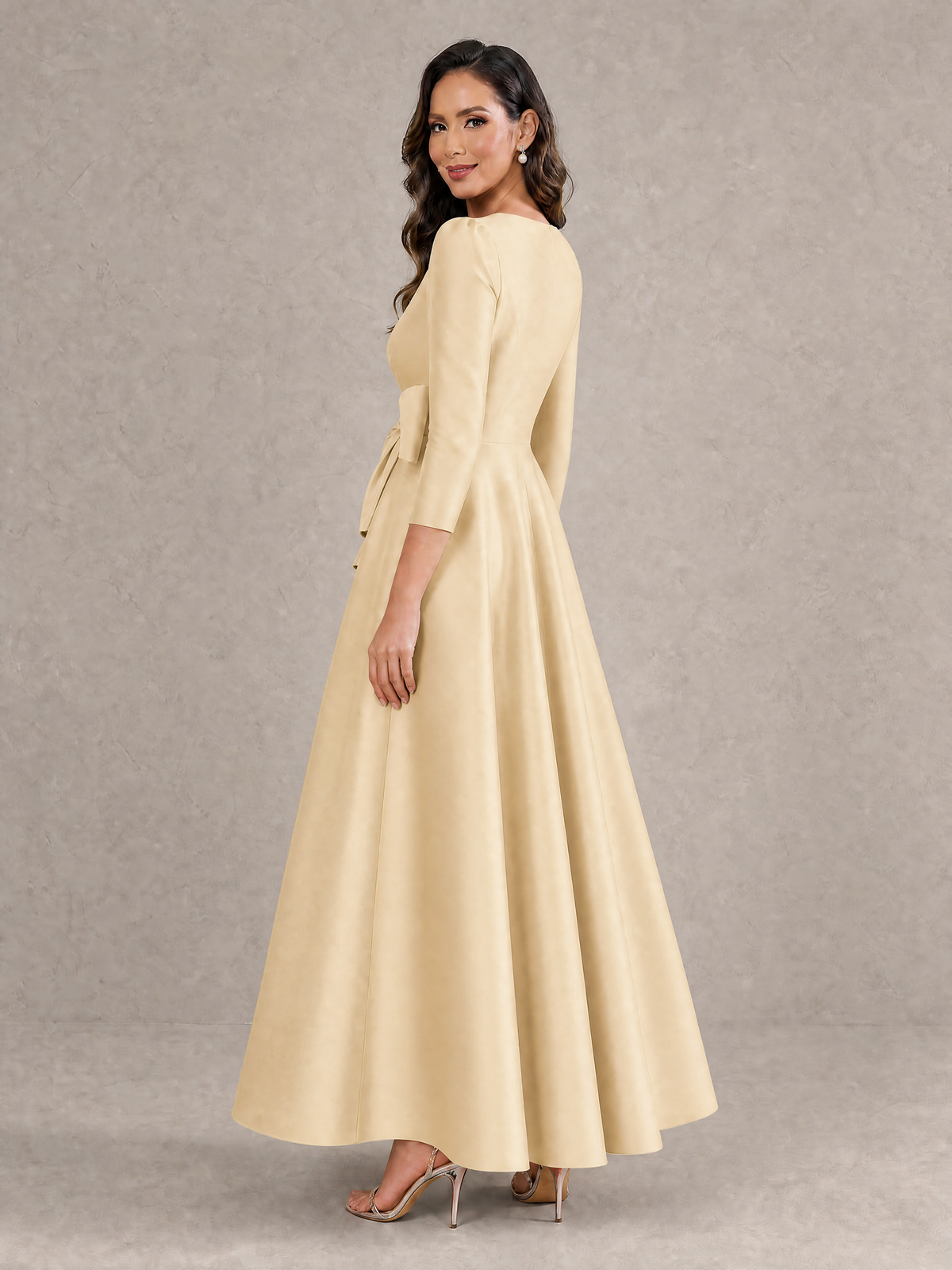 BOLODOO Champagne Satin Deep V-Neck Wrap 3/4 Puff Sleeve A-Line Ball Gown Maxi Dress with Oversized Bow Belt - Champagne