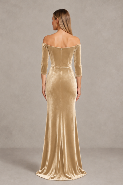 BOLODOO Champagne Off-Shoulder Velvet Evening Dress with High Slit - Champagne - Champagne_2