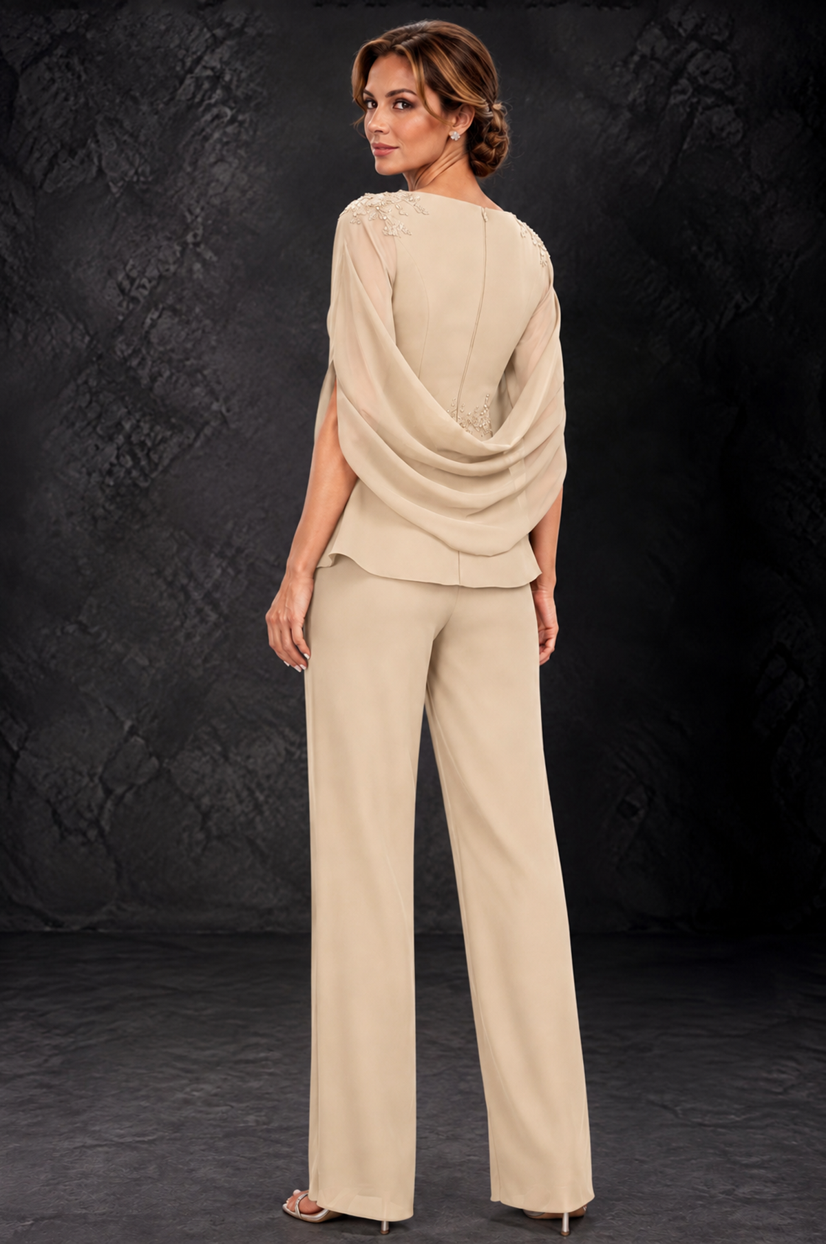 BOLODOO Champagne Embellished Cape Sleeve Mother of the Bride Pantsuit - Champagne - Champagne_2