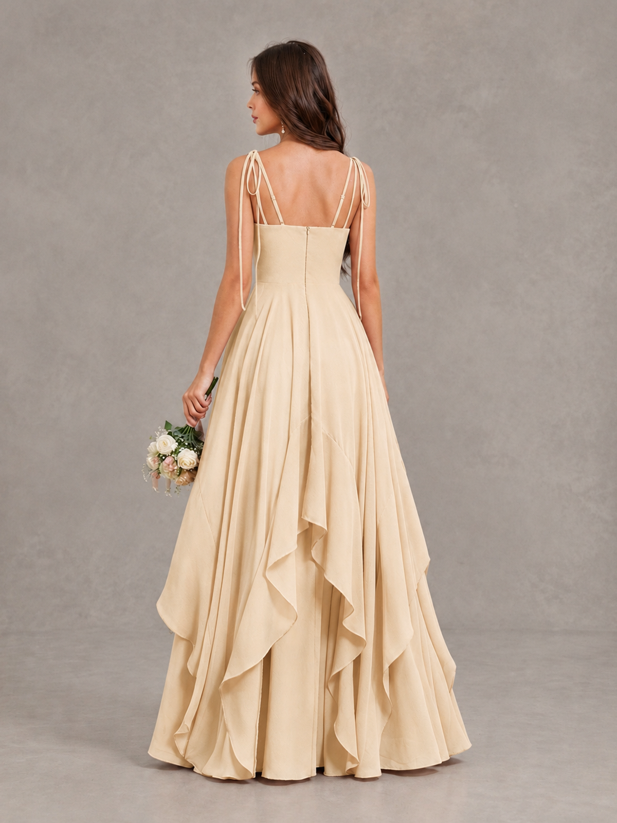BOLODOO Champagne Tie-Strap Ruffle A-Line Bridesmaid Dress - Champagne - Champagne_2