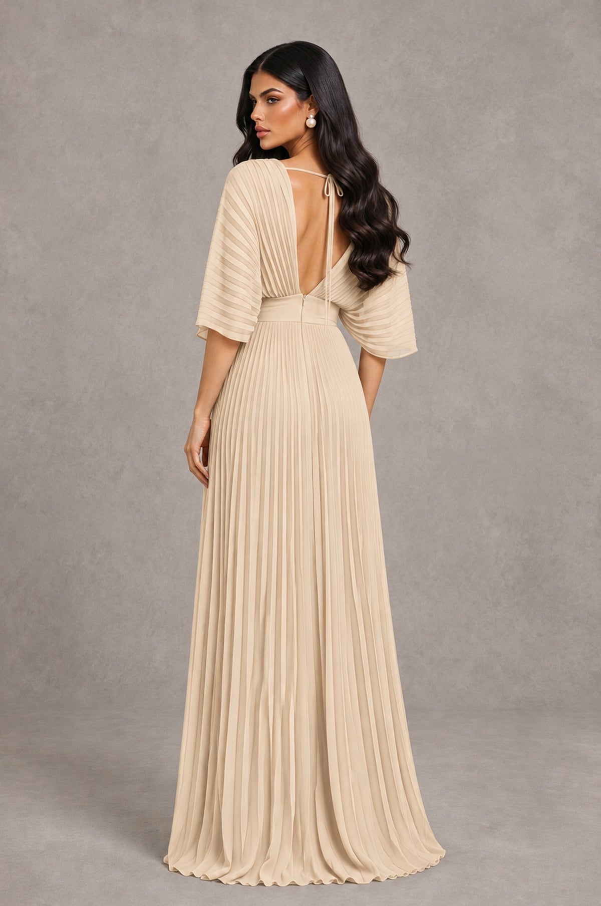 BOLODOO Champagne V-Neck Pleated Flutter Sleeve Formal Dress - Champagne - Champagne_2