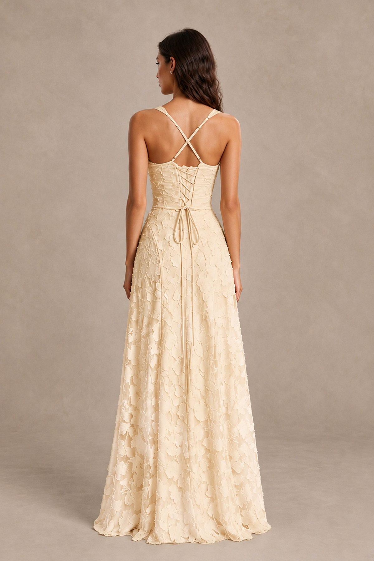 BOLODOO Champagne Floral-Textured A-Line Dress with Lace-Up Back - Champagne - Champagne_2